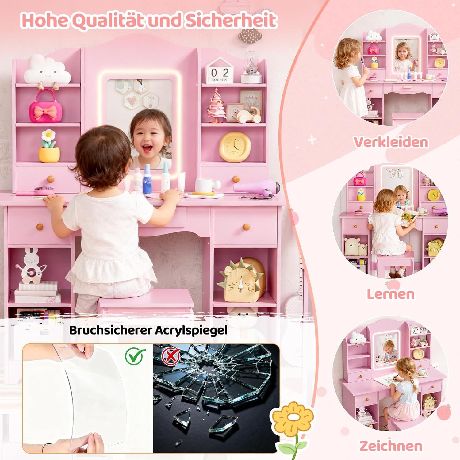 TLGREEN Schminktisch LED-beleuchteter Schminktisch für Mädchen mit Spiegel (Kinderschminktisch, 95cm großer Stauraum Schreibtisch Kinder, 5 Schubladen Spieltisc – Bild 5 von 5