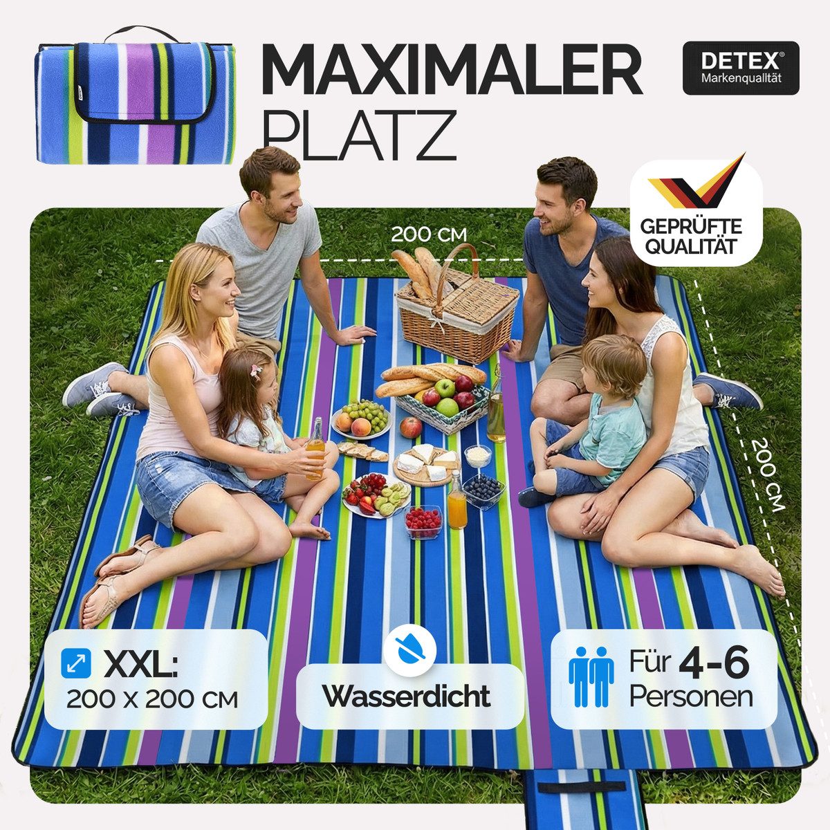 Picknickdecke, Detex, XXL 200x200 cm Wasserdicht Wärmeisoliert 4-6 Personen Streifen