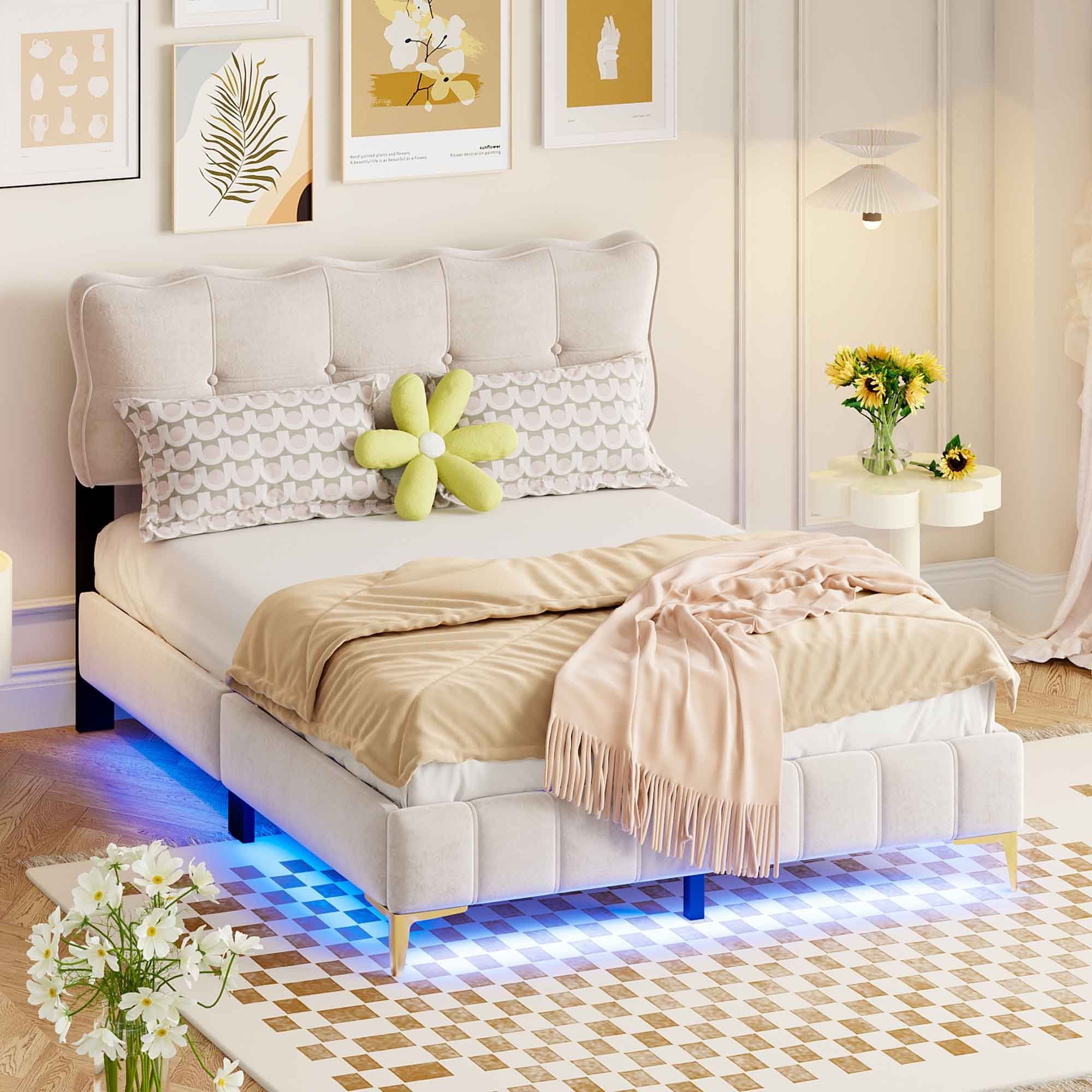 OKWISH Polsterbett mit LED-Leuchten mit Rückenlehne mit Lattenrost Samtstoff (140 x 200 cm, Doppelbett, hohe Metallfüße), ohne Matratze