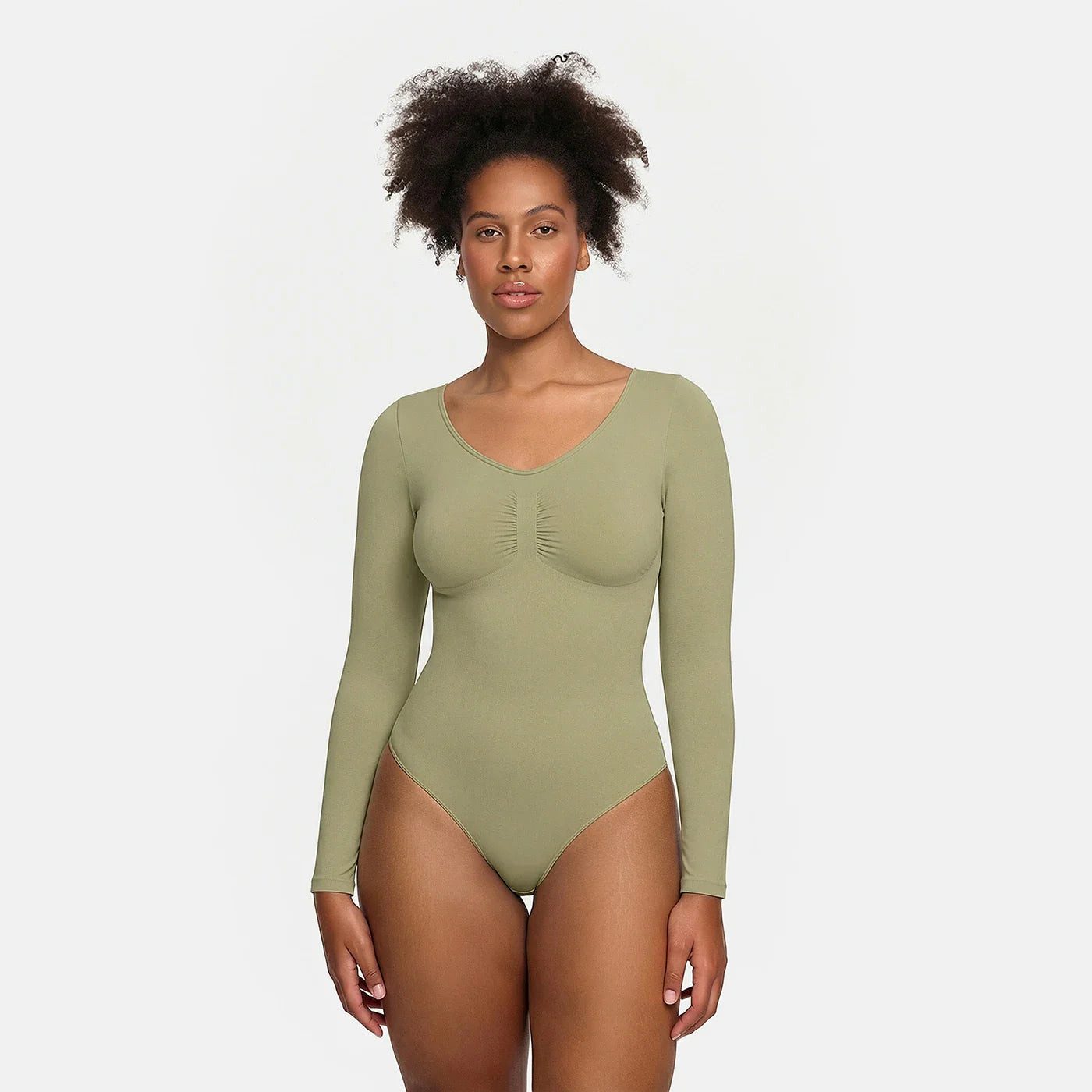 cfab (creamy fabrics) Miederbody Bodysuit Sculpting Shapewear Longsleeve mit Slip-Olive Green-2XL (1-tlg) Figurformend