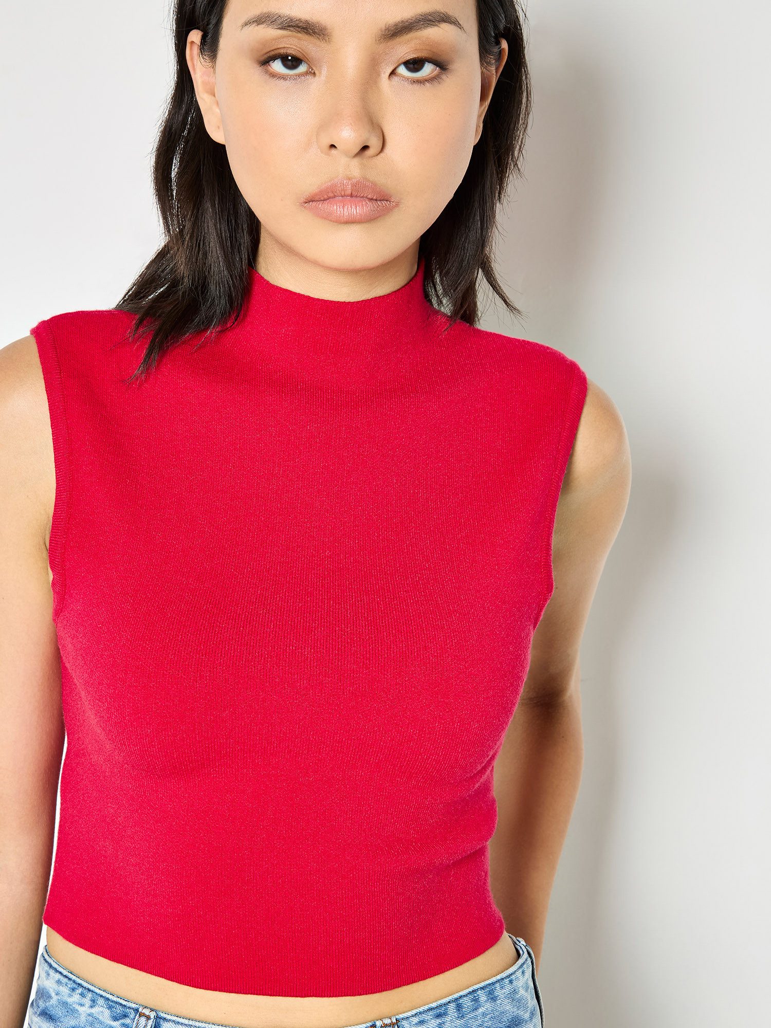 Apricot Crop-Top Hochgeschlossenes Strick-Crop-Top in unifarben