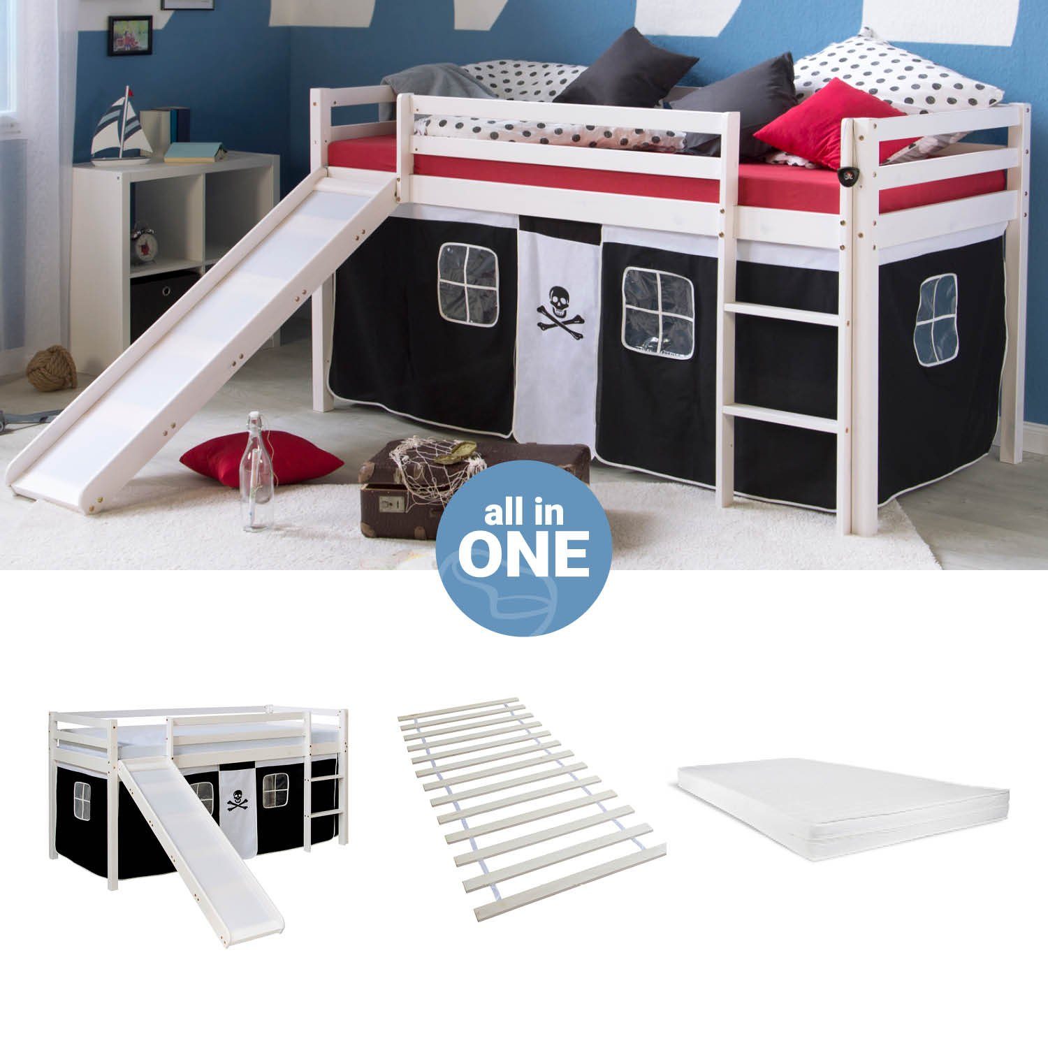 Homestyle4u Hochbett 90x200 mit Vorhang Lattenrost Matratze Rutsche in Weiß günstig online kaufen