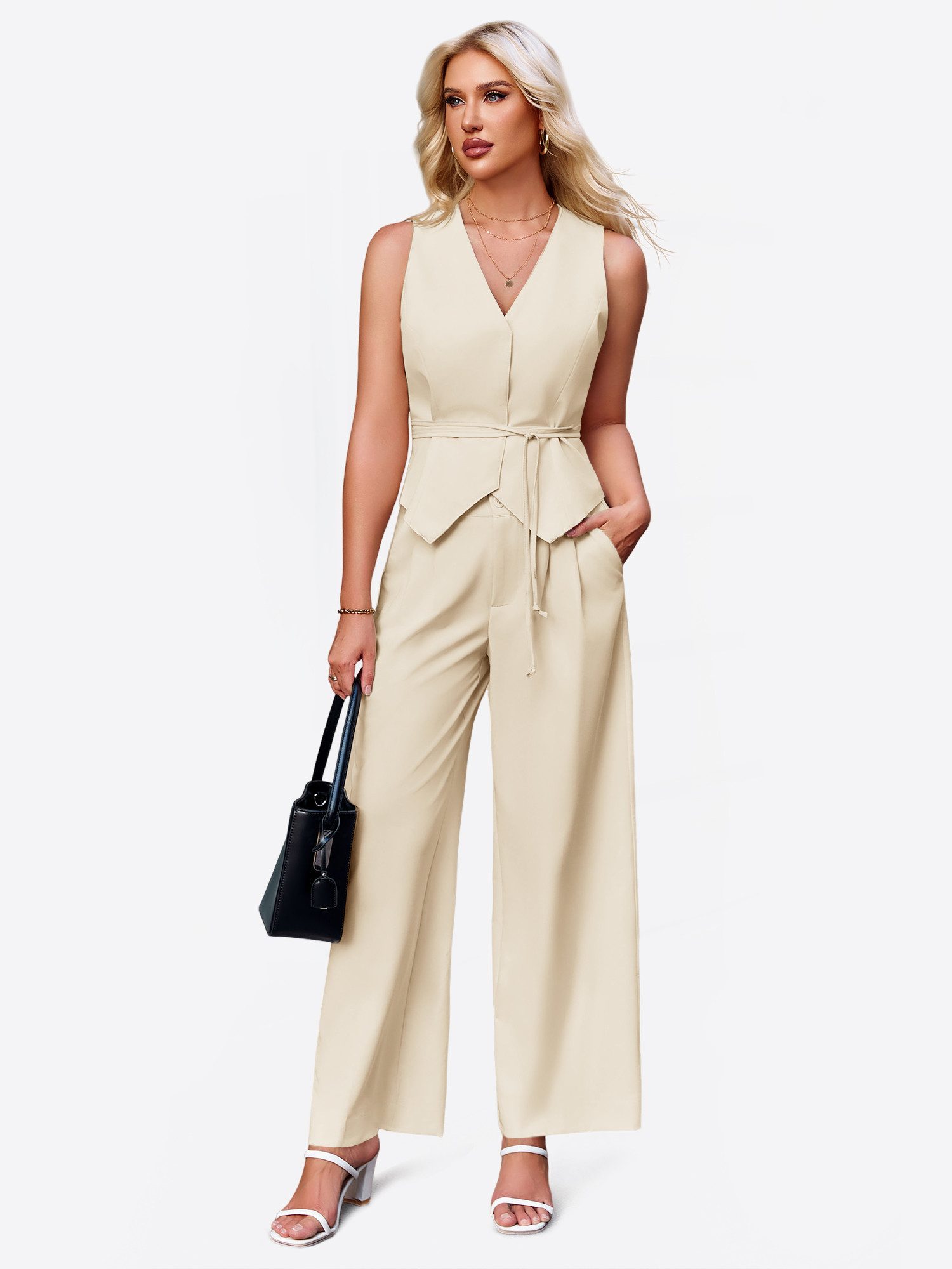Imily Bela Hosenanzug Dame Sommer Outfit im 2-teiligen Set Casual Suit Set (Set, 2-tlg., 2er-Pack, ärmellos Weste mit Kordelzüge+weiten Hosen mit Knopf) in Unifarbe mit Kodelzüge