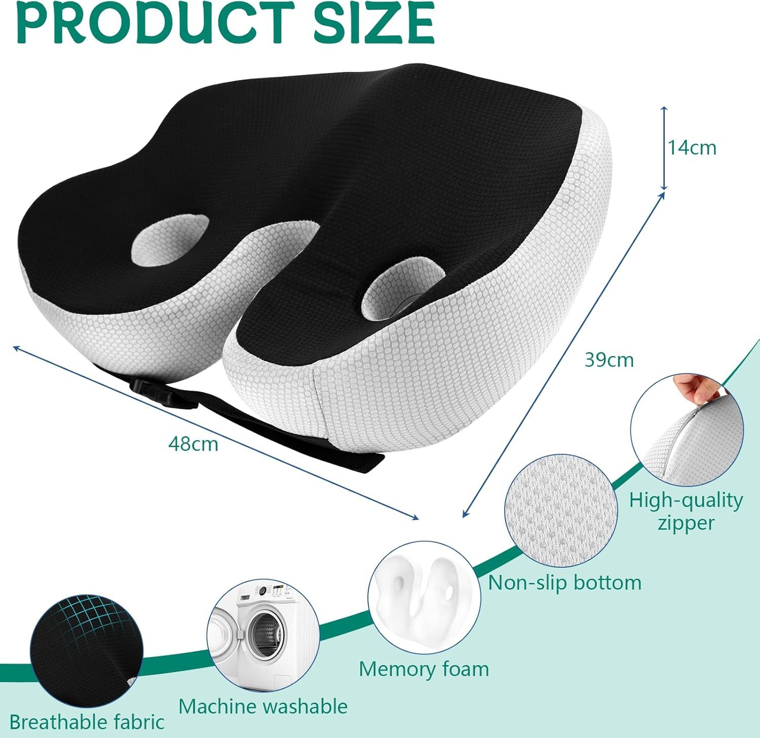 ibettertec Sitzkissen Ergonomisches Sitzkissen,Sitzkissen Orthopädisch,Rückenkissen,Schwarz, Sitzkissen, Sitzkeilkissen Entlastet, Erhöht Sitzkomfort – Bild 3 von 5