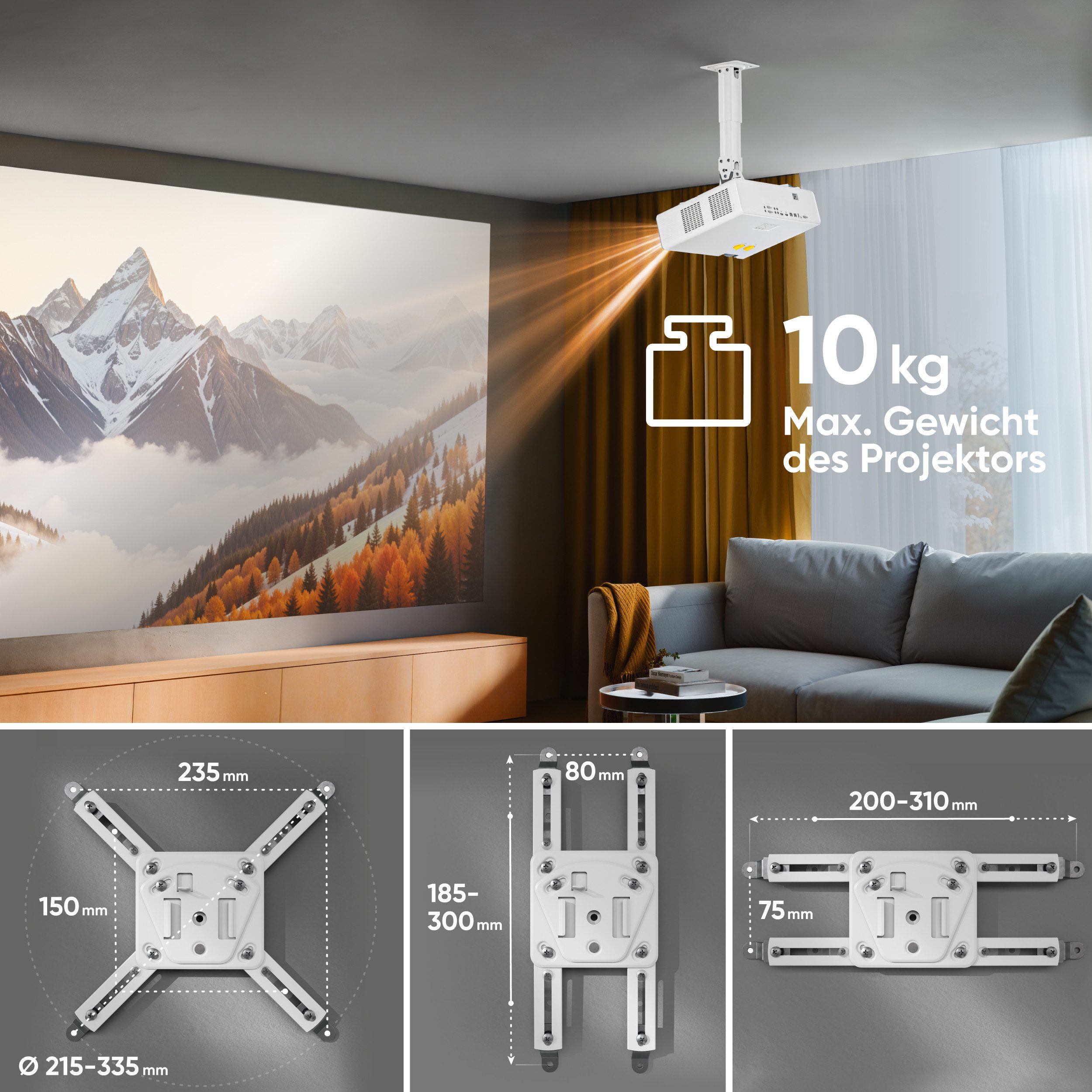 ONKRON Beamer-Deckenhalterung bis 10 kg, höhenverstellbar, K3A-W, (bis 300 Zoll, schwenkbar, neigbar, Wand und Decke, ausziehbar, Kabelmanagement)