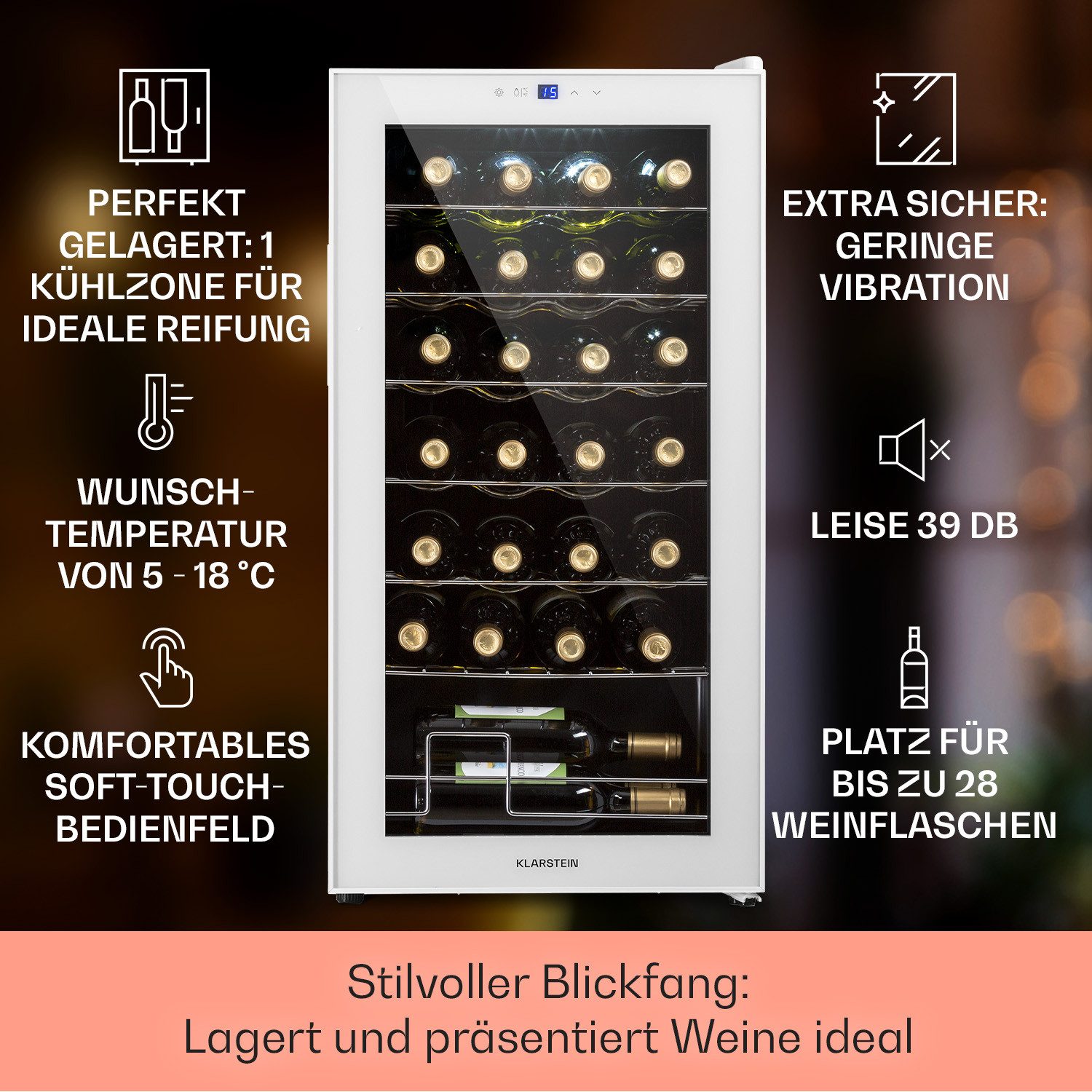 Klarstein Weinkühlschrank Shiraz 28 Uno Weinkühl 28 Fl 74L 5-18°C Touch LED 39 dB freistehend, für 28 Standardflaschen á 0,75l,Flaschenkühlschrank Weintemperierschrank Weinschrank freistehend LCD