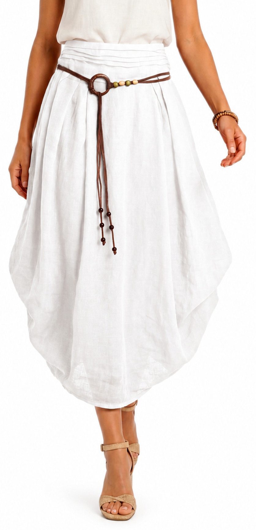 dy_mode Ballonrock Damen Leinenrock Midi Ballonrock Sommerrock Midirock in Unifarbe, mit Teil-Gummibund, Variabler 2-in-1 Look