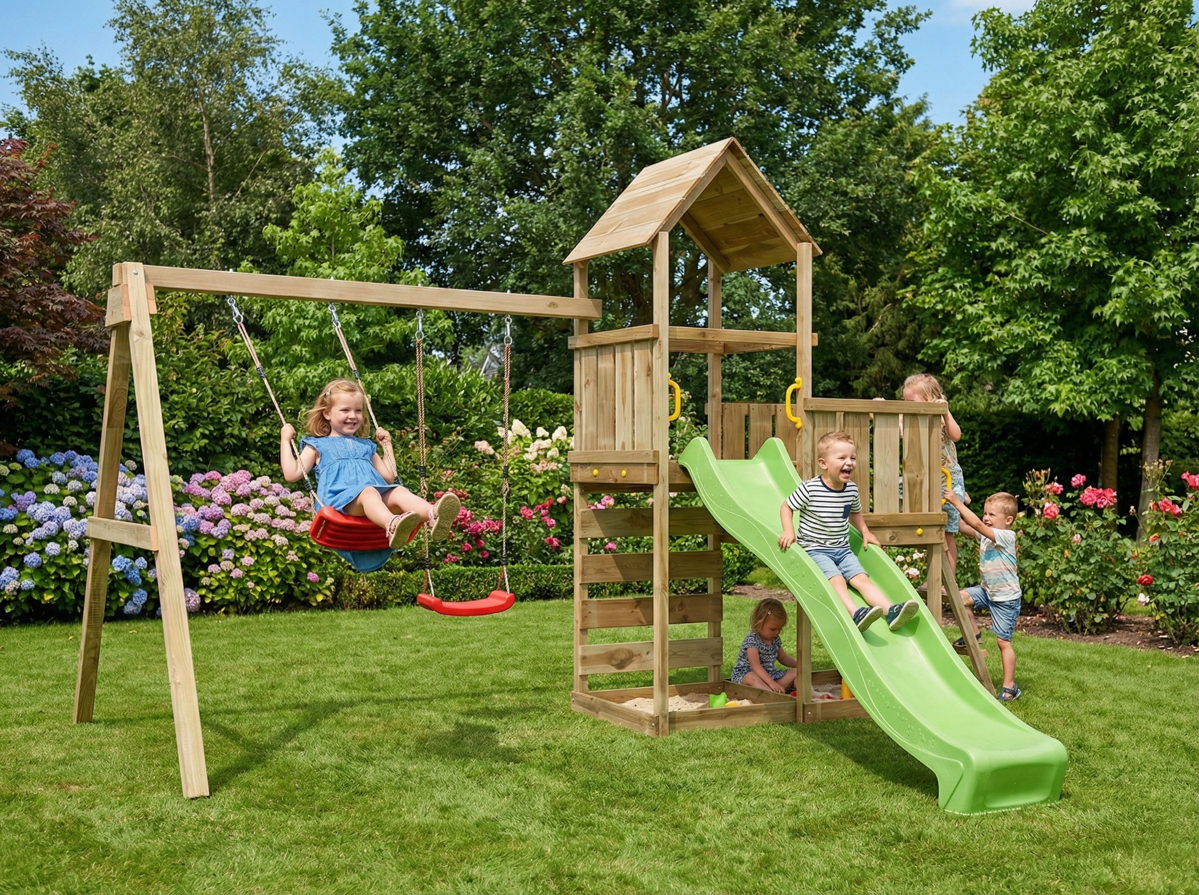FUNGOO Spielturm MaxPlay 3.2, mit Rutsche, Doppeldecker, Doppelschaukel und Kletterwand