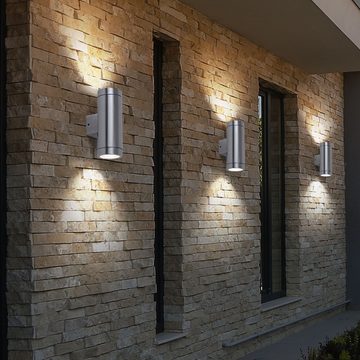 etc-shop Außen-Wandleuchte, Leuchtmittel nicht inklusive, 2er Set robuste Außen Wand Up Down Edelstahl Lampen Terrassen Glas