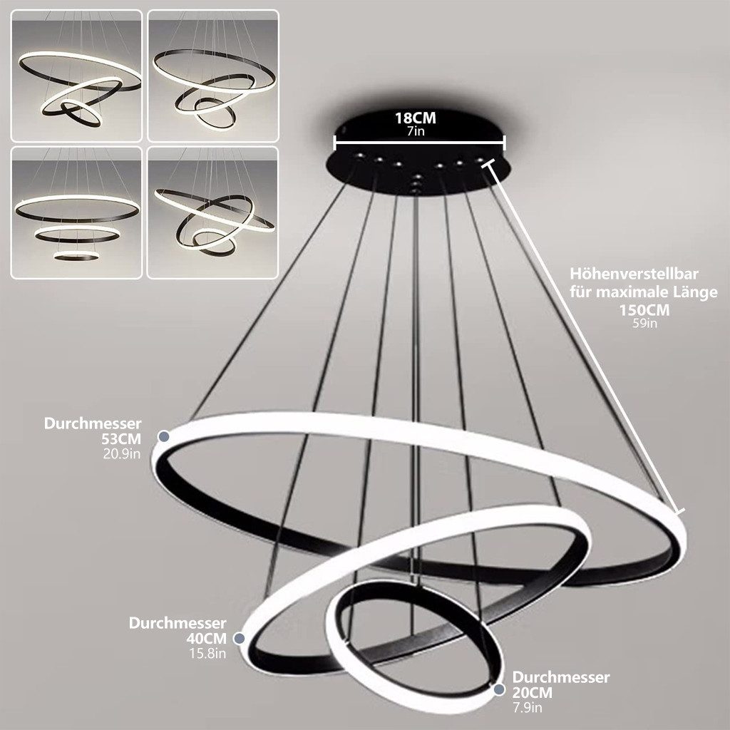 JDONG LED Pendelleuchte 3 Ringen Modern LED Hängelampe Schwarz 53*40*20cm, 54W Esstischlampe Dimmbar mit Fernbedienung, 3000K–6500K Höhenverstellbar 120cm, DIY  – Bild 3 von 5