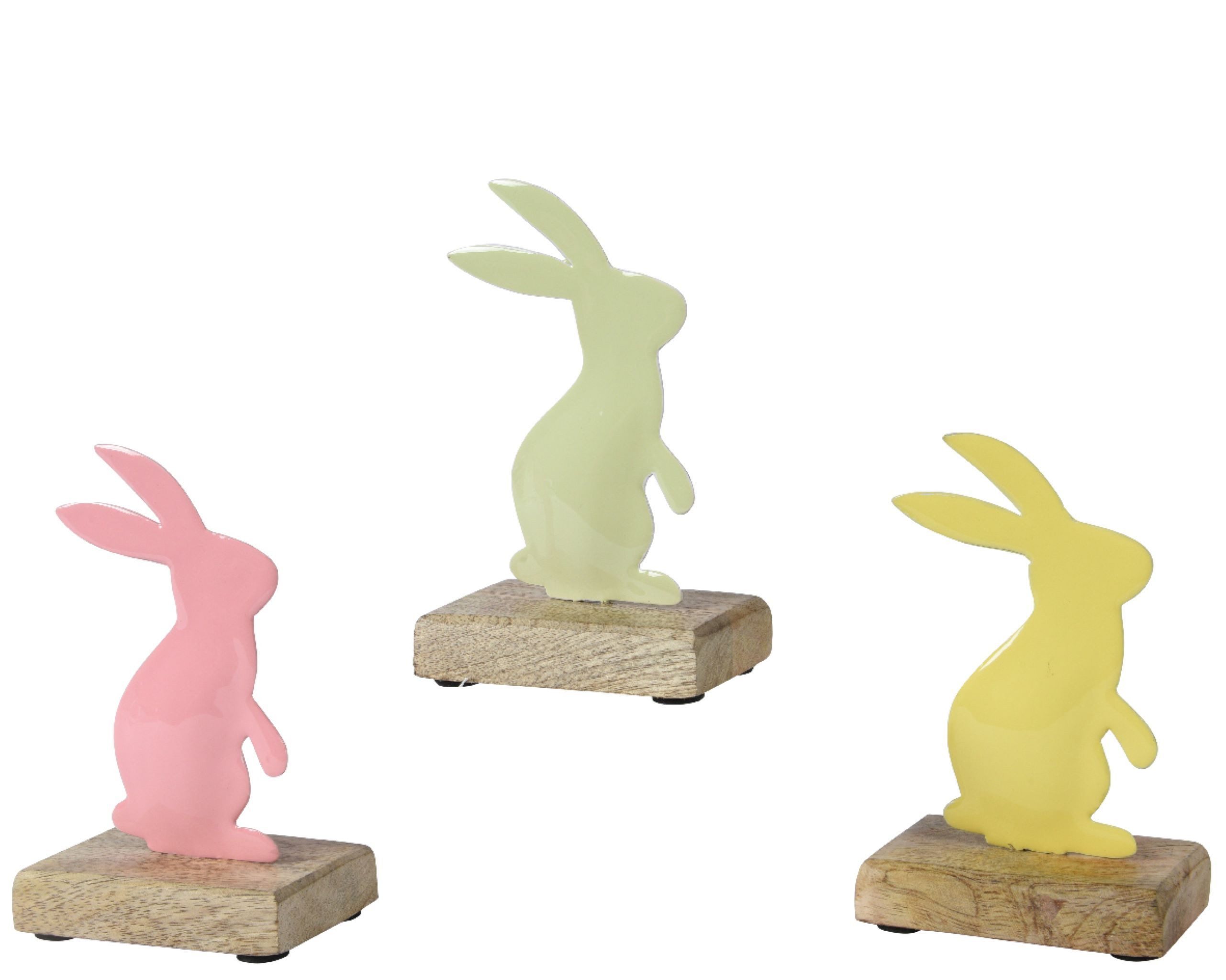 Decoris season decorations Tierfigur, Dekofigur Hase 12cm Metall Holz 1 Stück sortiert Gelb / Grün / Rosa