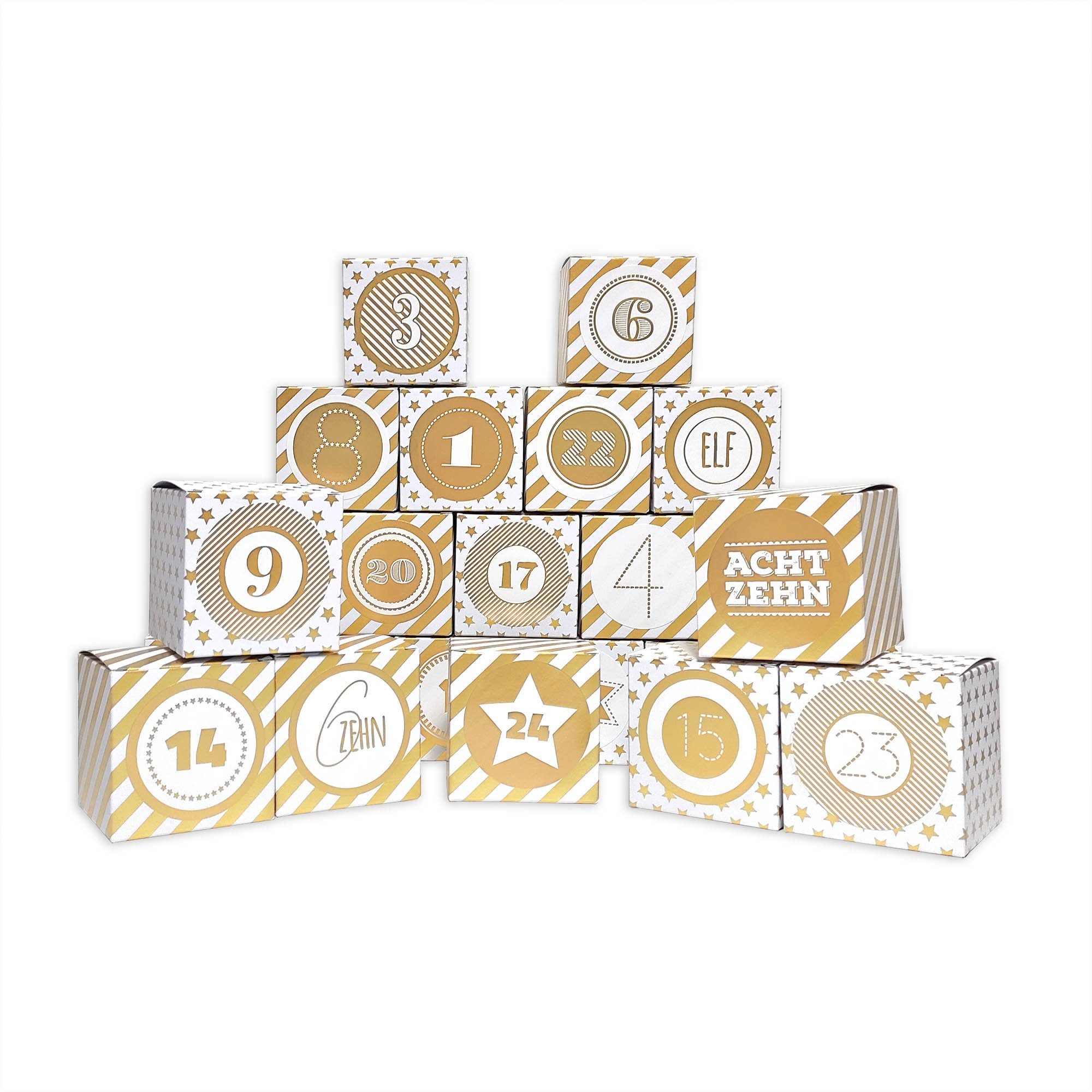 Frau WUNDERVoll befüllbarer Adventskalender Adventskalender Vorfreude, Faltschateln gold, Sterne / Streifen