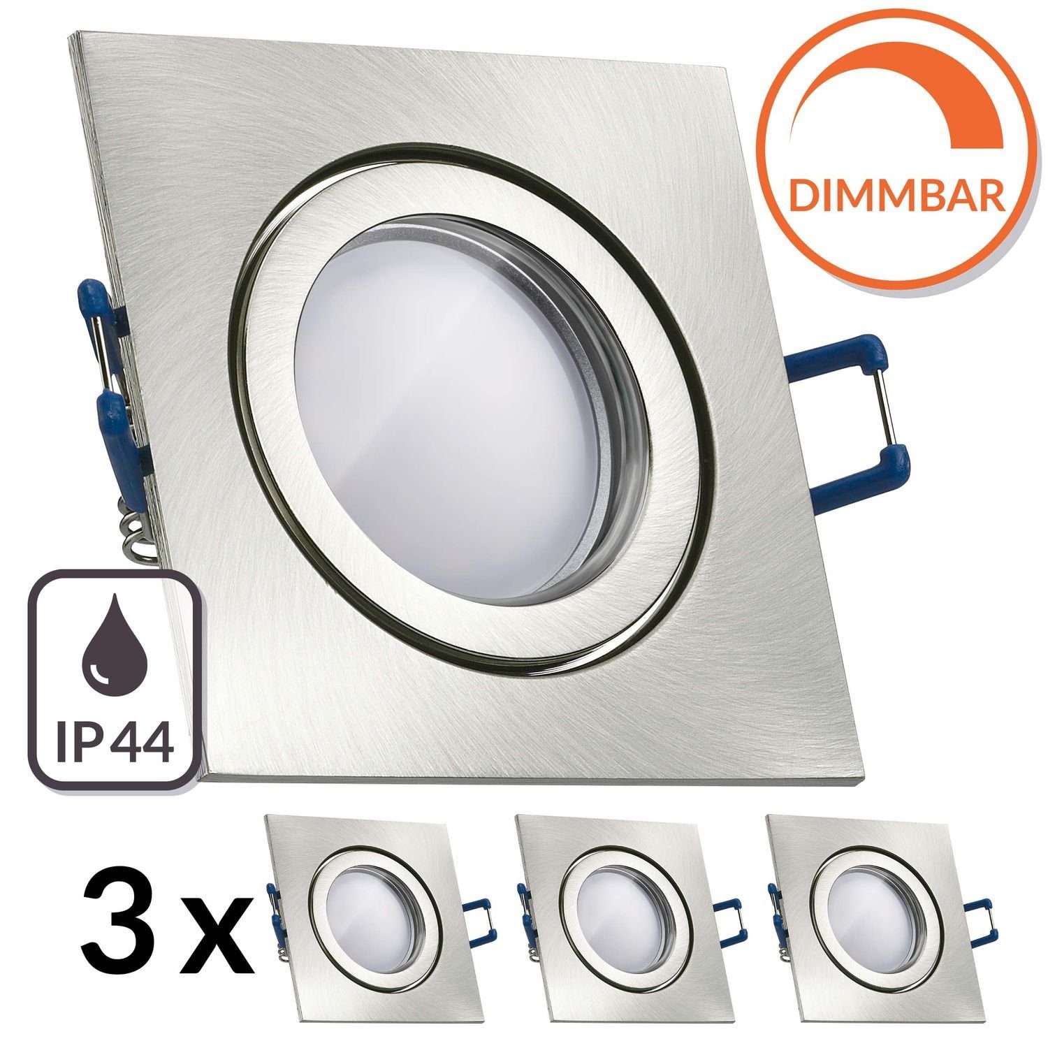 LEDANDO LED Einbaustrahler 3er IP44 LED Einbaustrahler Set EXTRA FLACH (35mm) in Silber gebürstet