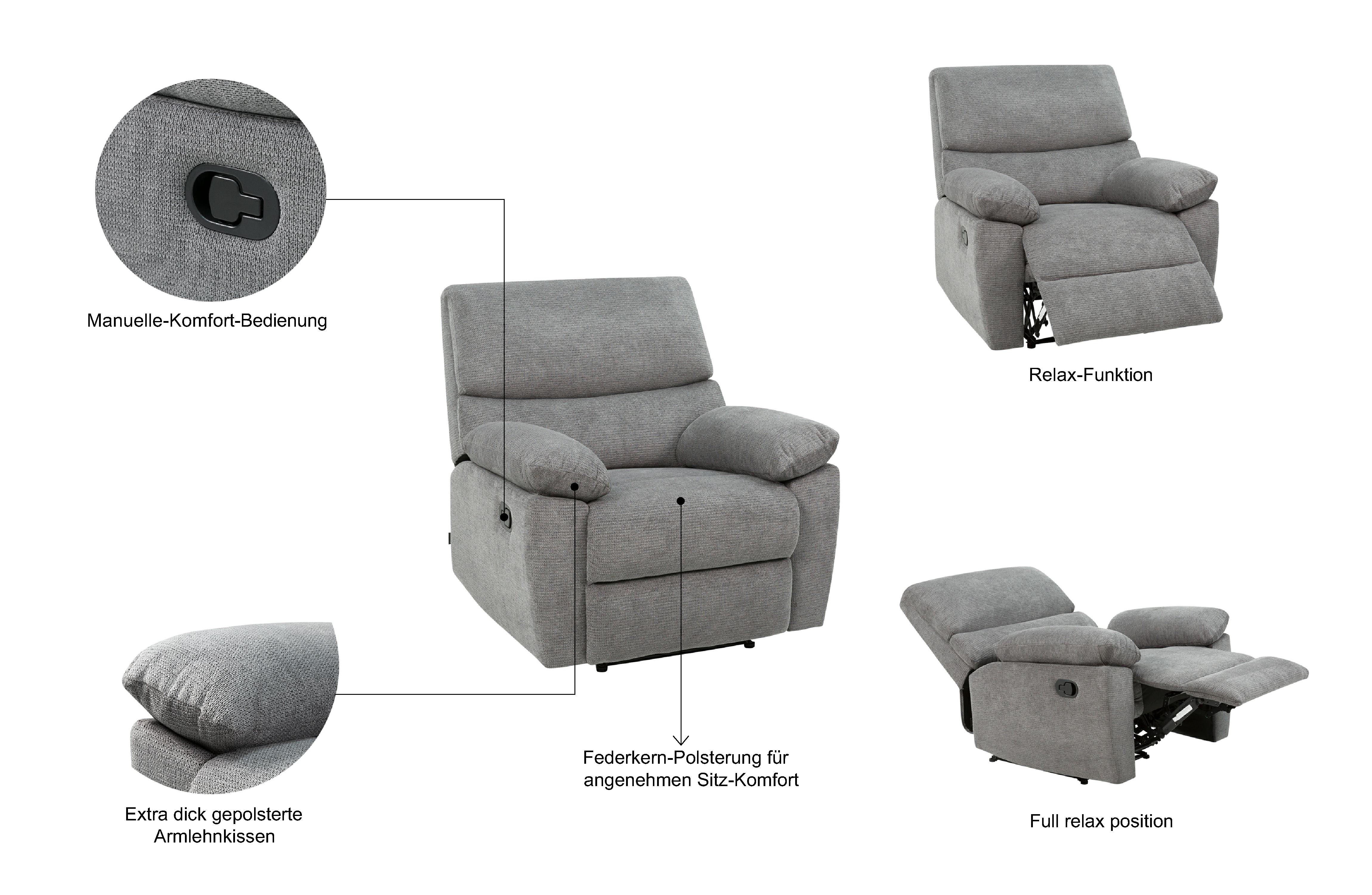 Home affaire Relaxsessel LANNOY, TV-Sessel, elektr. o. manuelle Relaxfunktion, USB A/C, Sessel mit Liegefunktion 105°-150°, Federkernpolsterung