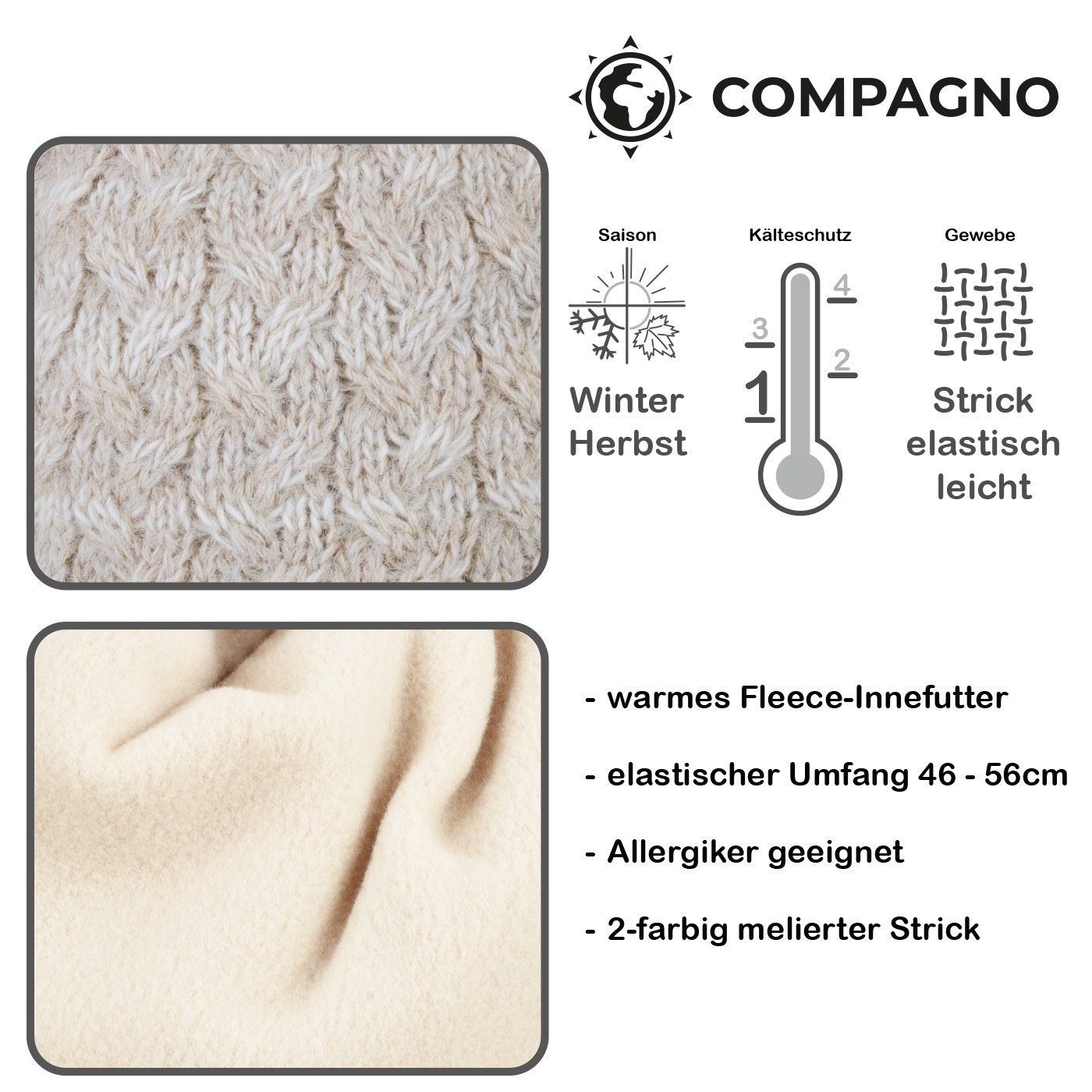 Mütze Wintermütze Fleecefutter Strickmütze Strick Winter beige Damen Bommelmütze (1-St) compagno Beanie