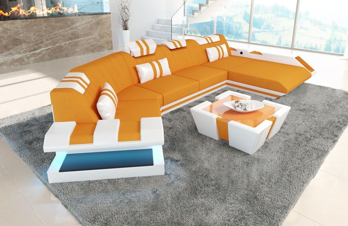 wahlweise Sofa Sofa Designersofa Couch Bettfunktion Wohnlandschaft Dreams Schlafsofa, Apricot-Weiss Stoff Stoffsofa C C87 LED, als Polster mit Form Sofa, Apollonia mit