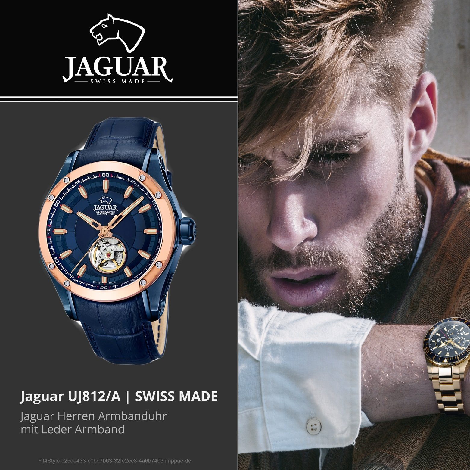 Herren JAGUAR Uhr blau, Automatik rund, J812/A Lederarmband Herren Armbanduhr Quarzuhr Leder, Jaguar Elegant
