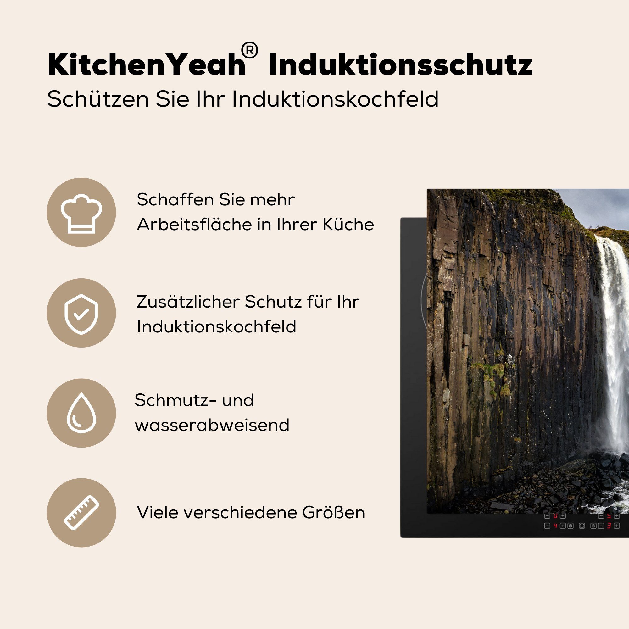 MuchoWow Meer Wasserfall 81x52 tlg), - die cm, Schutz für Induktionskochfeld Herdblende-/Abdeckplatte Vinyl, Schottland Ceranfeldabdeckung - Natur, küche, - (1