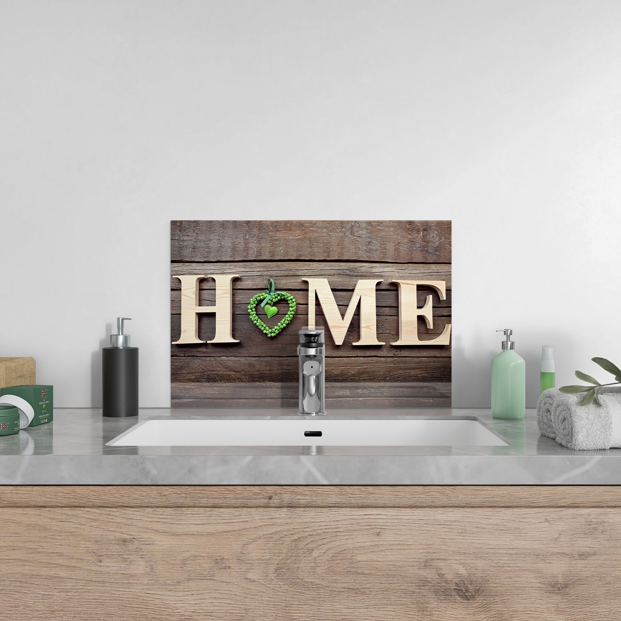Glas Herdblende HOME', DEQORI Spritzschutz Küchenrückwand 'Buchstabendekor Badrückwand