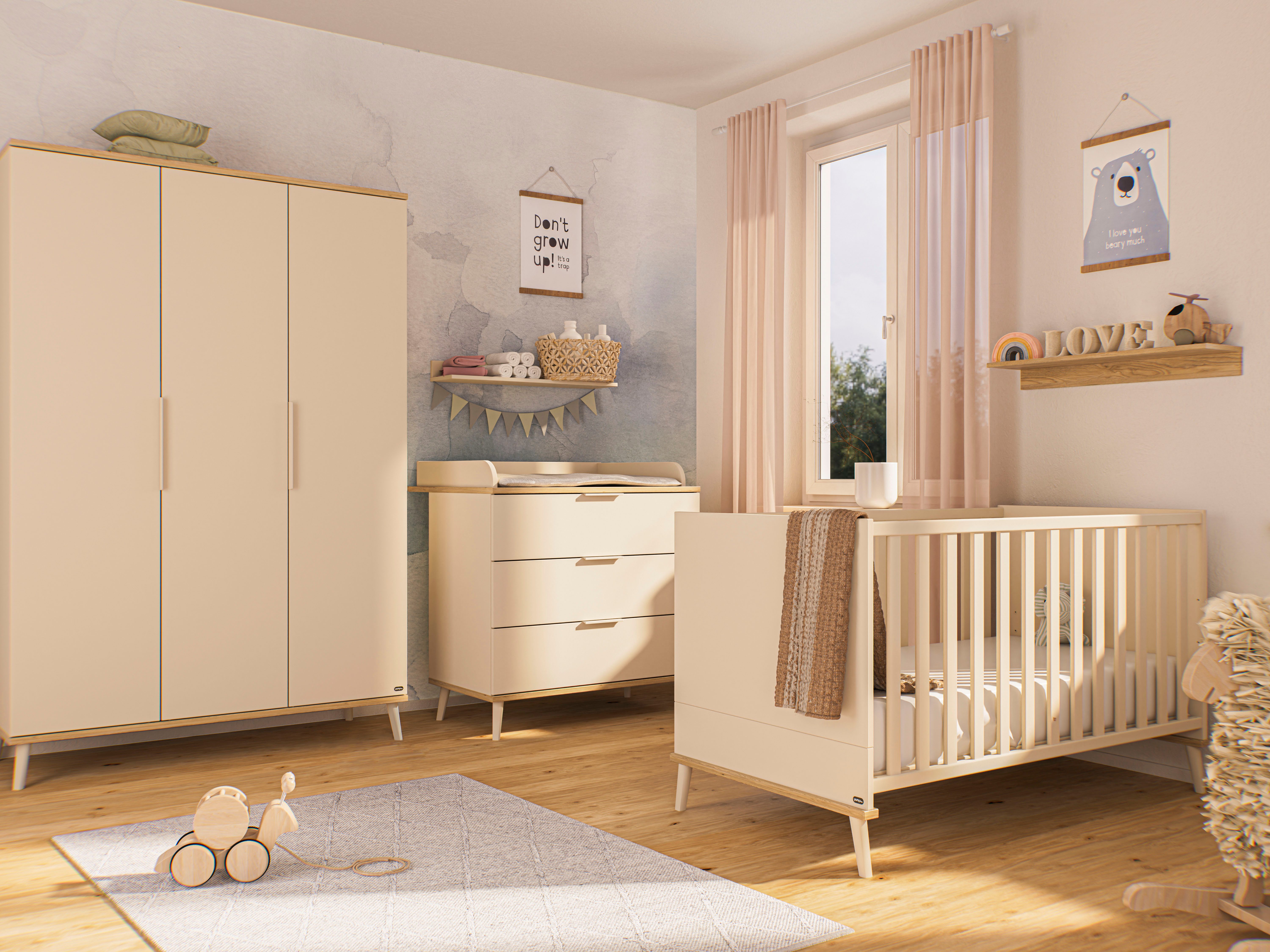 YUNY by PAIDI Babymöbel-Set HAZEL, 3-teiliges Babyzimmer in Beige, modernes Komplettset, (Spar-Set, 3-tlg., 70x140cm Babybett, Kleiderschrank 3-türig, Wickelkommode inkl. Aufsatz), Kinderzimmer, Soft-Close-Funktion, Mitwachsendes Bett inkl. Lattenrost