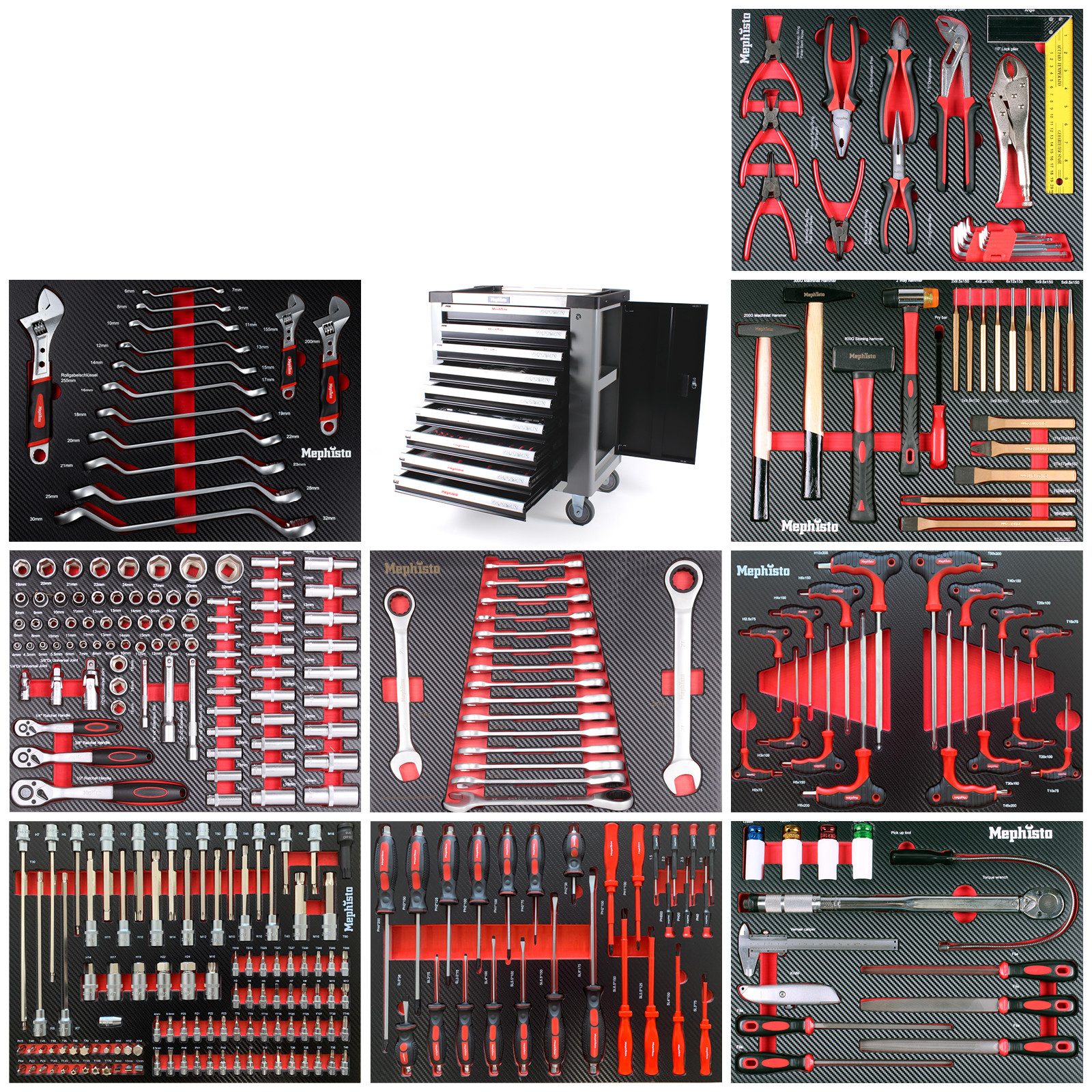 Mephisto-Tools Werkzeugwagen, (fertig montiert und bestückt), 9 abschließbare Schubladen, Werkzeug ist aus hochwertigem CRV