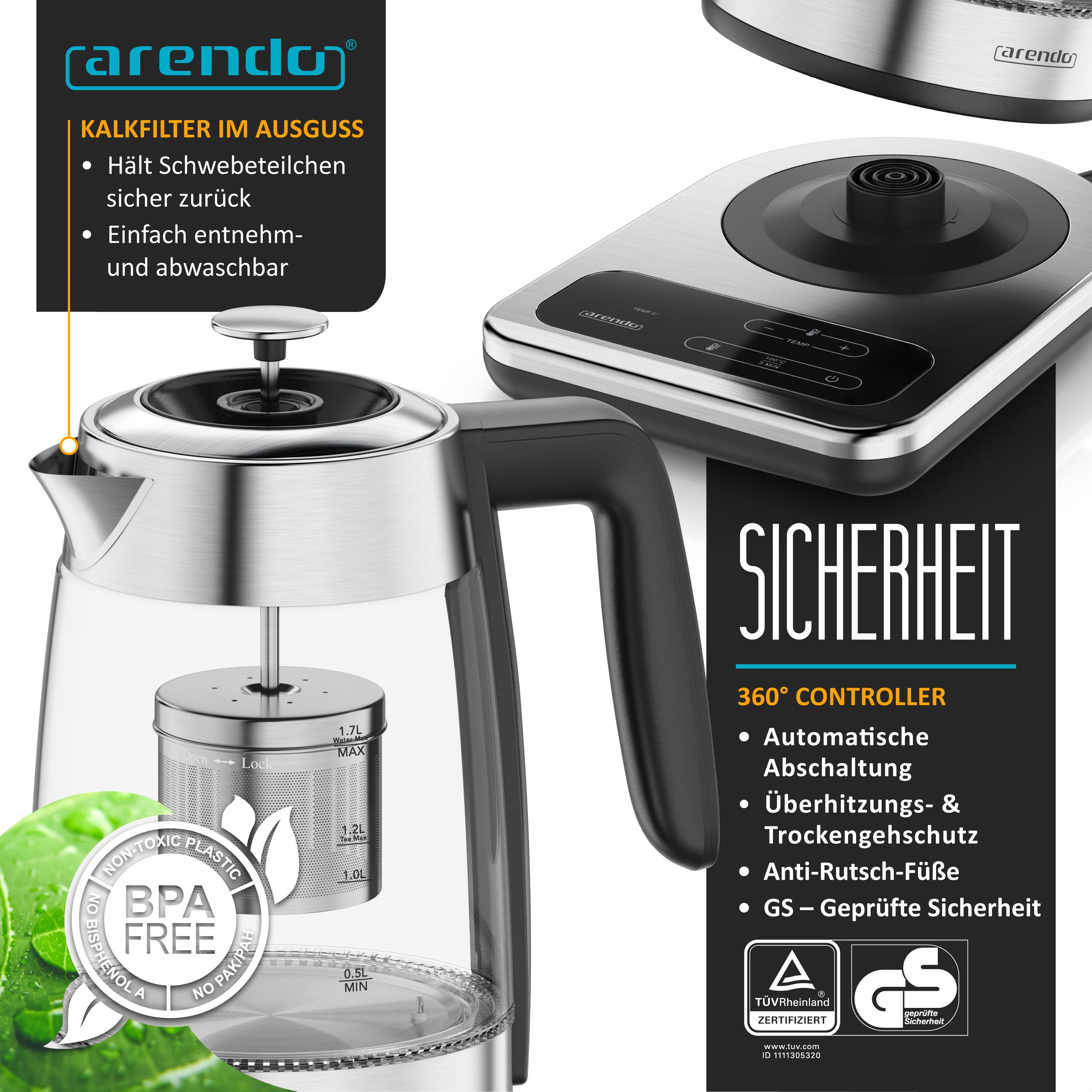 Arendo Wasserkocher 2in1 Glas-Teebereiter & Samowar mit Temperatureinstellung 40°-100°C, 1.8 l, 2200 W, 2in1 Teestation, 1,8L & 0,8L, 40-100°C, 2h Warmhalten, BPA-frei