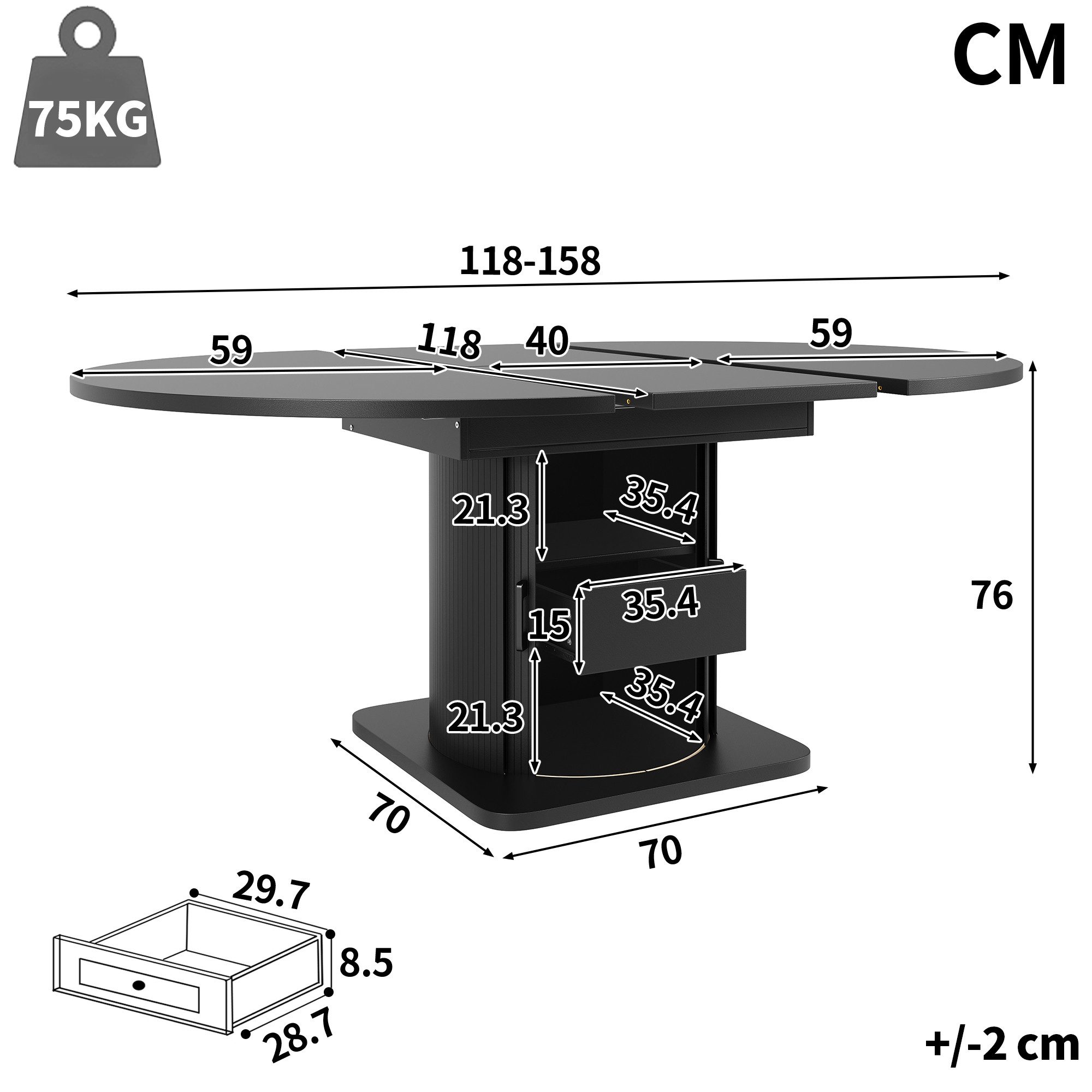 KLAM HOME Esstisch Ausziehbarer Esstisch rund oval wandelbar bis sechs Personen Schwarz (Multifunktionaler Küchentisch praktische Schubladen modernes Design), Platzsparender Esszimmertisch flexible Nutzformen für jeden Haushalt