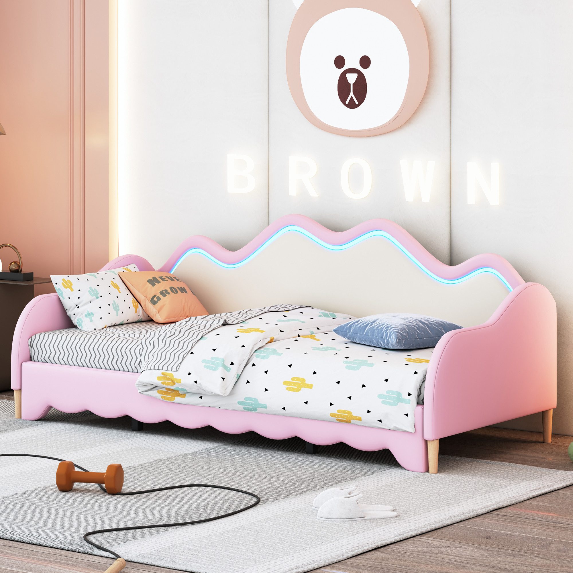 OKWISH Schlafsofa 2-in-1 Multifunktions-Polsterbett, Kinderbett aus Kunstleder mit LED-Beleuchtung, mit Lattenrost, 90(180)*190cm, ohne Matratze