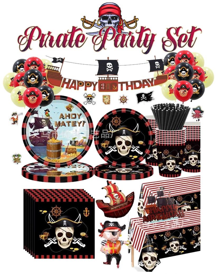 PartyFlamingo Teller Piraten Party Dekoration Set Kindergeburtstag 16 Gäste 109tlg