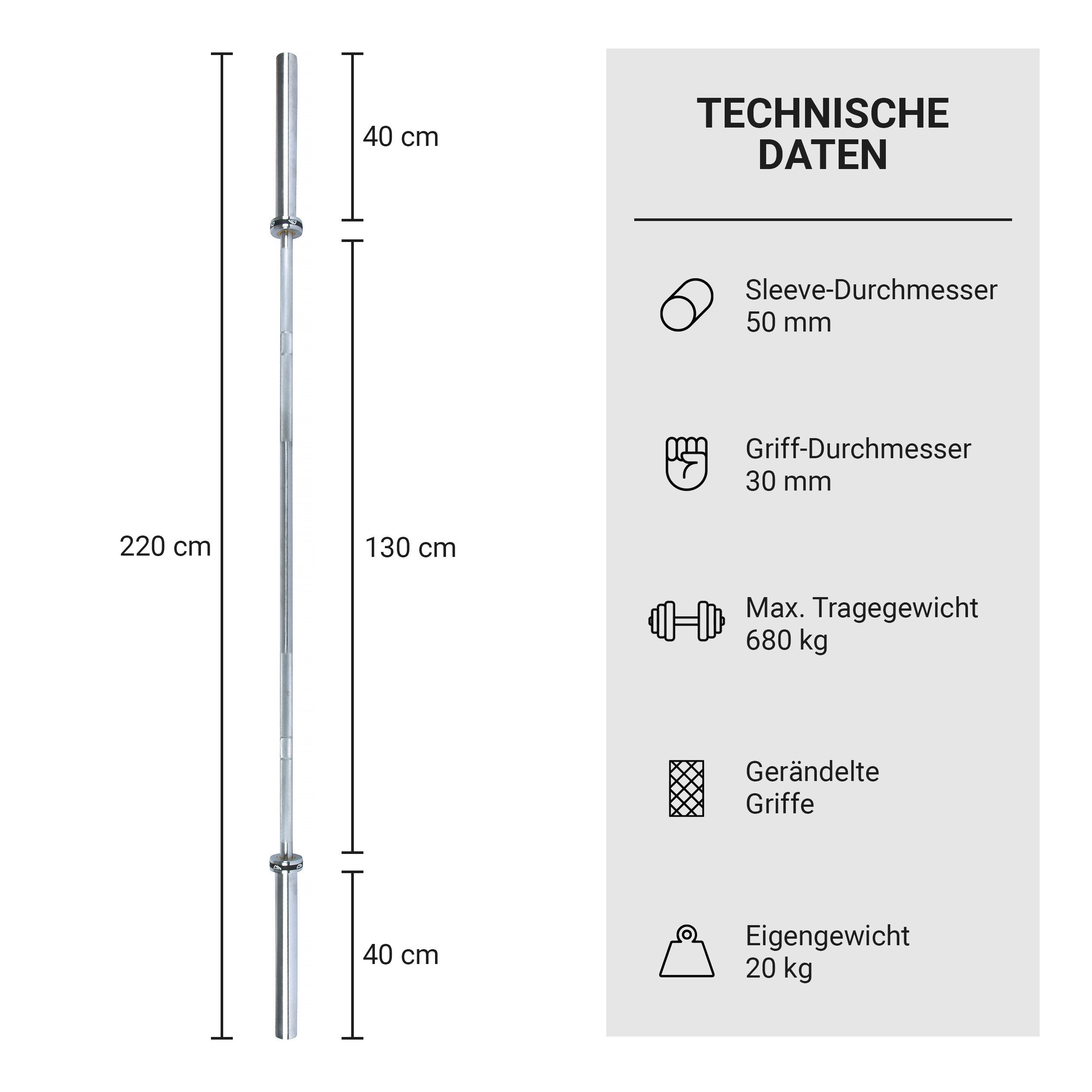 MSports® Olympiastange Langhantelstange Olympia 50 mm - Kugelgelagert