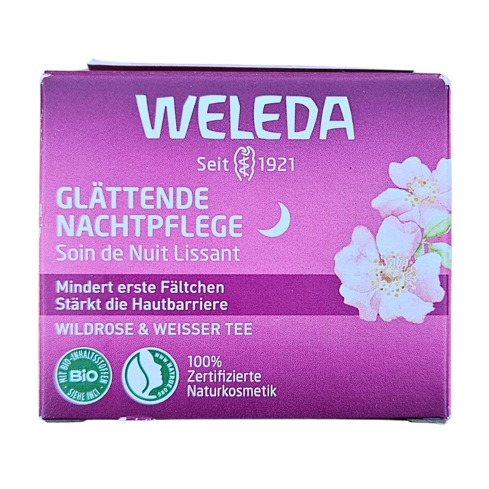 WELEDA Nachtcreme Glättende Nachtpflege - Wildrose & Weisser Tee, Mindert erste Fältchen - Stärkt die Hautbarriere