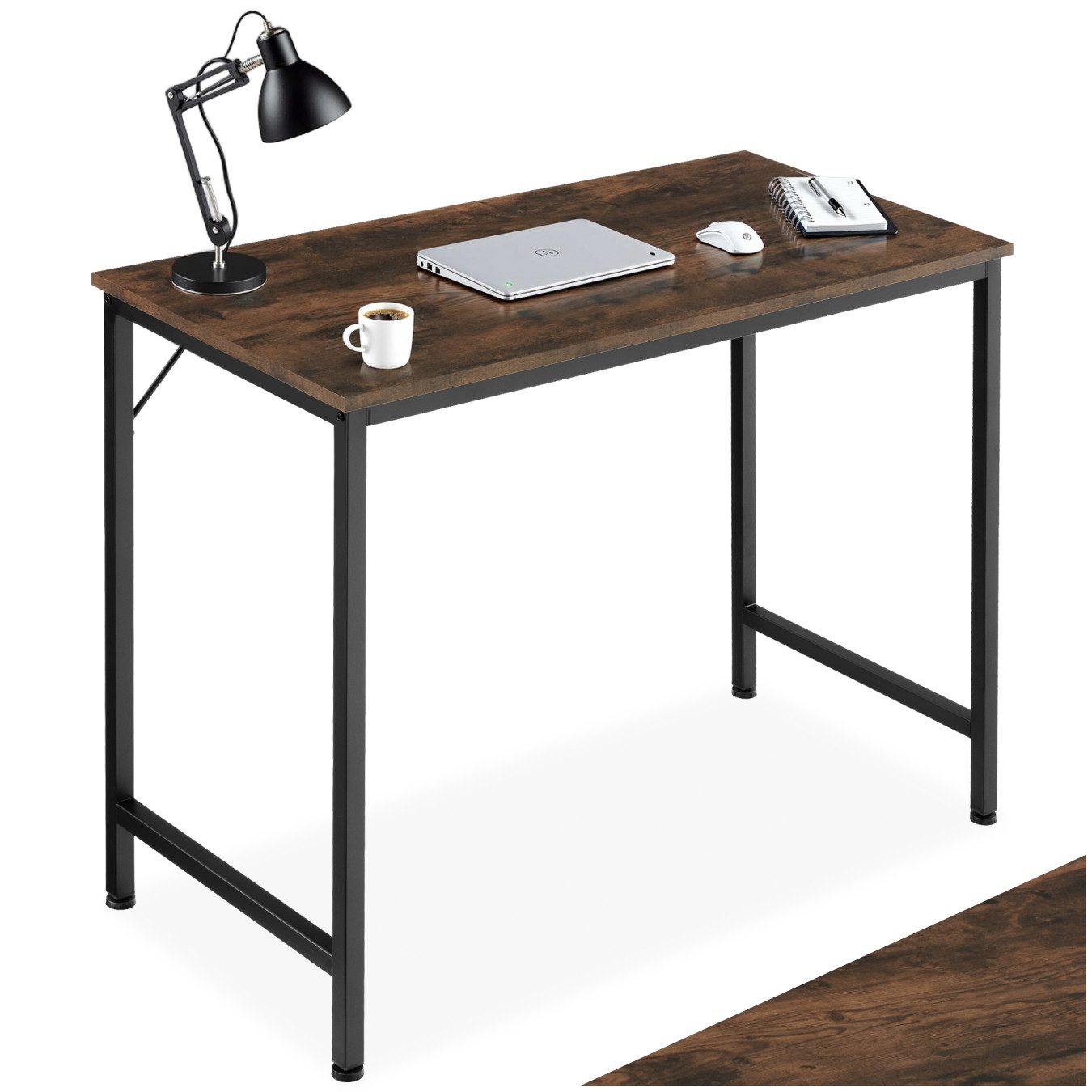 tectake Schreibtisch Bürotisch aus Holz und Stahl, Höhe 75,5 cm (Arbeitstisch Jenkins, 1-St., in Industrial Holz dunkel, rustikal), große Beinfreiheit, mit höhenverstellbaren Kunststofffüßen