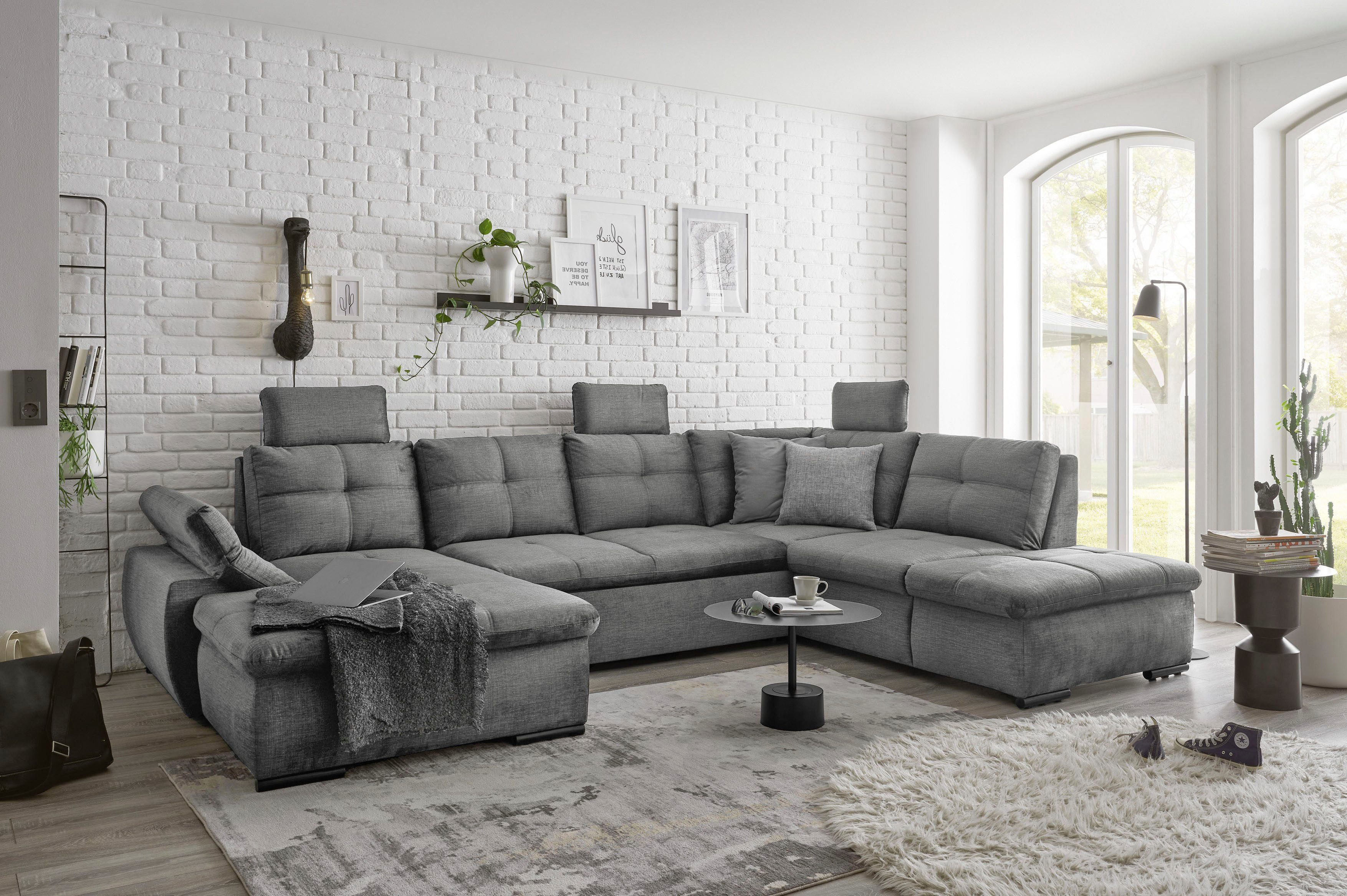 ED EXCITING DESIGN Wohnlandschaft Alija U-Form, mit Bettfunktion, Bettkasten, Armteilverstellung & Kopfstützen