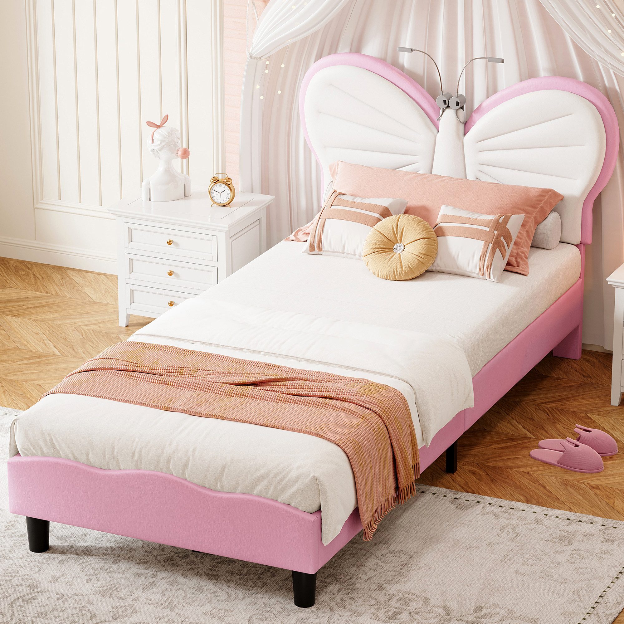 ADWOLT Polsterbett Kinderbett Bettgestell in Schmetterlingsform, Mit LED-Leseleuchte (Packung, 1-tlg., Jugendbett), 90x200 cm,Geeignet für Jugendliche und Kinder, Samtstoff - rosa
