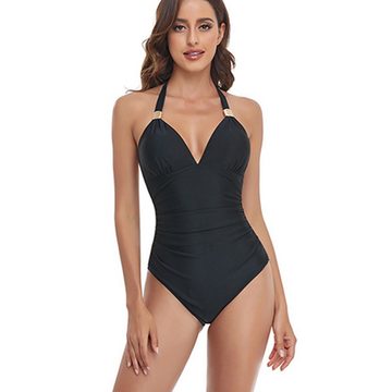 RUZU UG Schwimmanzug Damen Badeanzug einfarbig V-Ausschnitt, Neckholder Badekleid Monokini