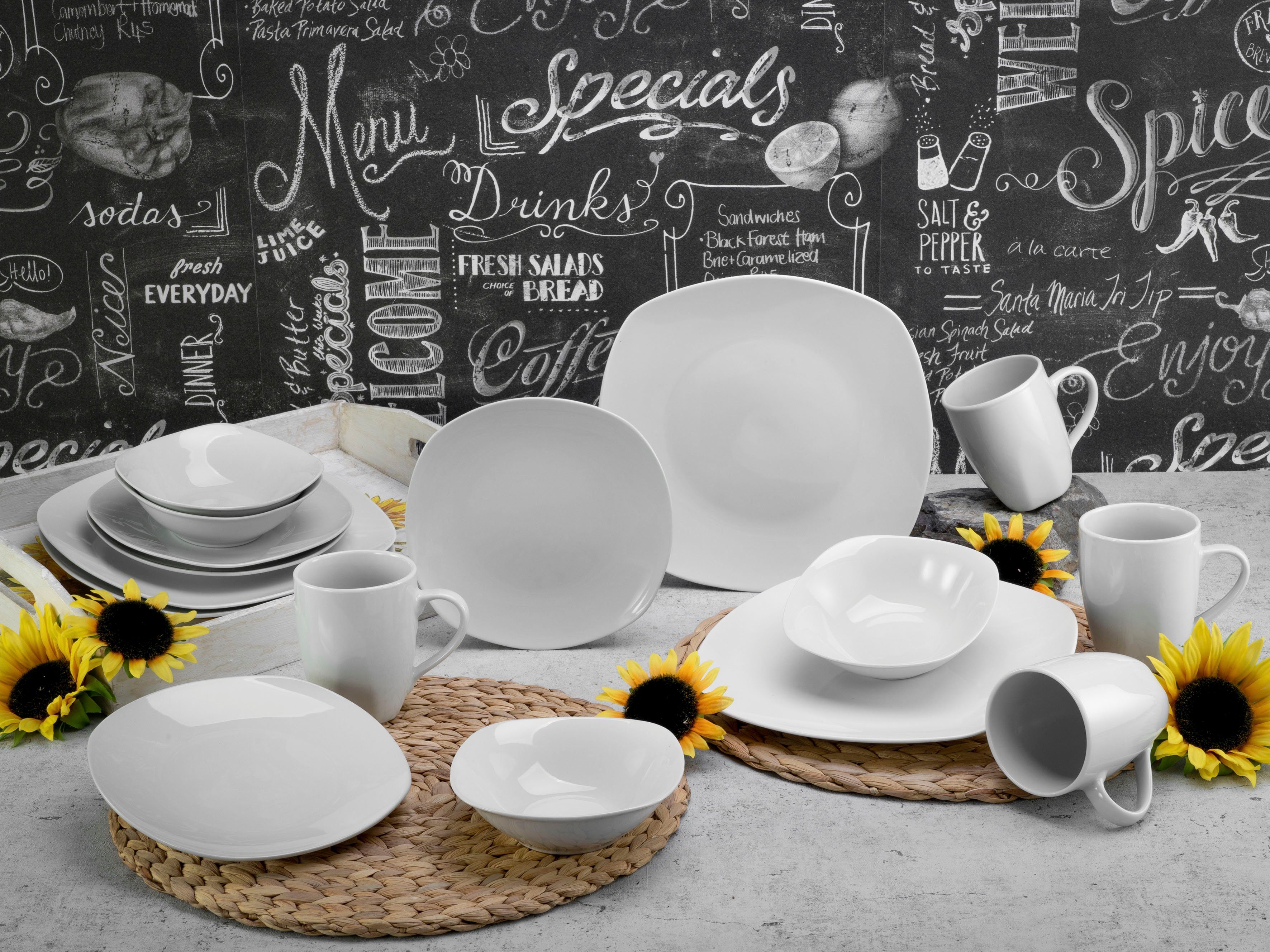 CreaTable Kombiservice Geschirr-Set Square (16-tlg), 4 Personen, Porzellan, Service, weiß, 16 Teile, für 4 Personen