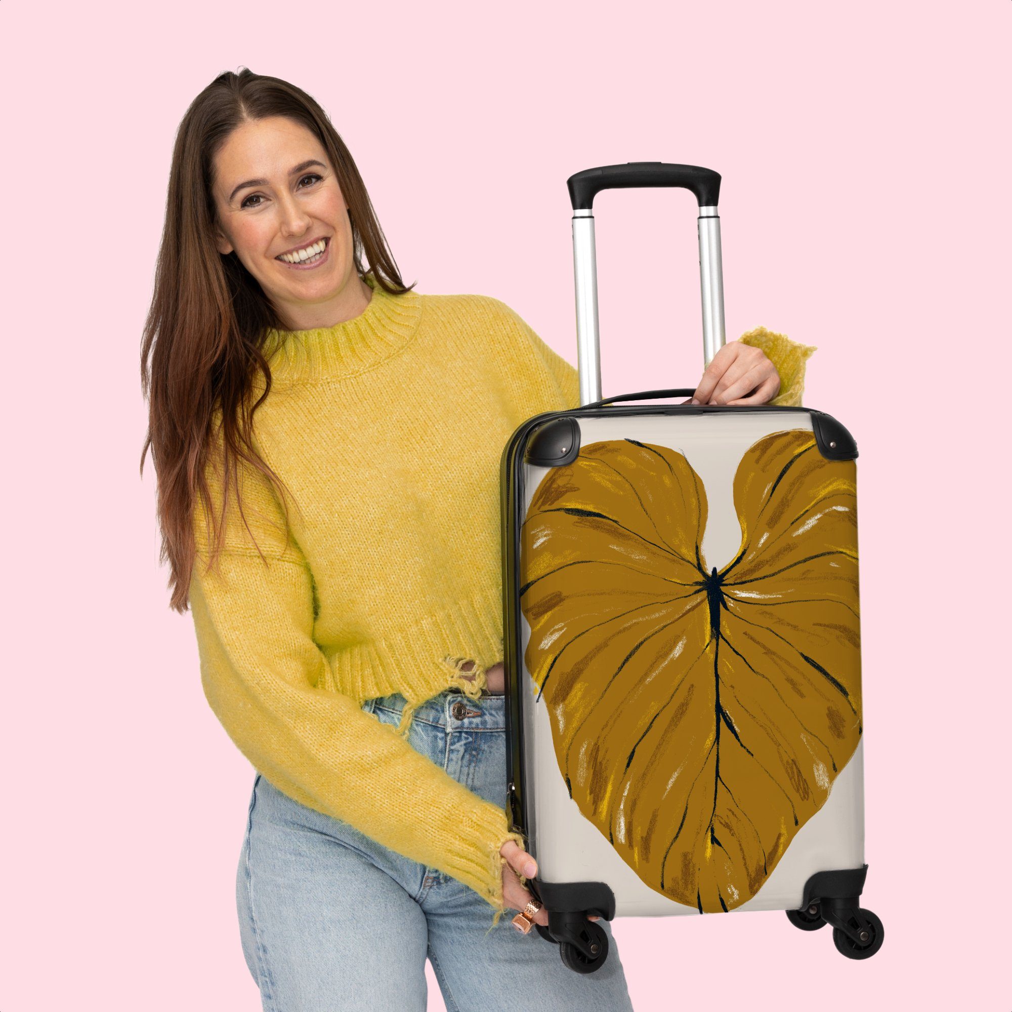 Handgepäck Trolley Gelb - - 55x35x20cm Reisekoffer - Handgepäckkoffer Rollkoffer Pflanzen Kleine Rollen, - Abstrakt, Blätter 4 Rollen 4 Cabin mit NoBoringSuitcases.com©