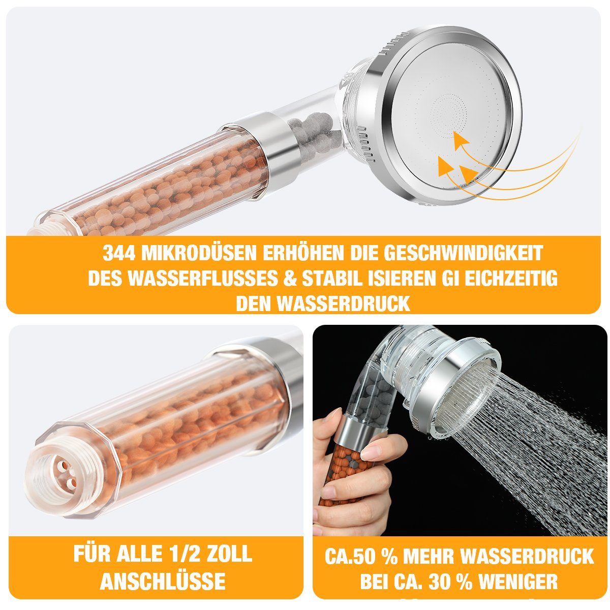 Duschkopf Mit Negativen Ionen & 3 Filtern – Druckverstärkend, Wassersparend, G1/2-Gewinde