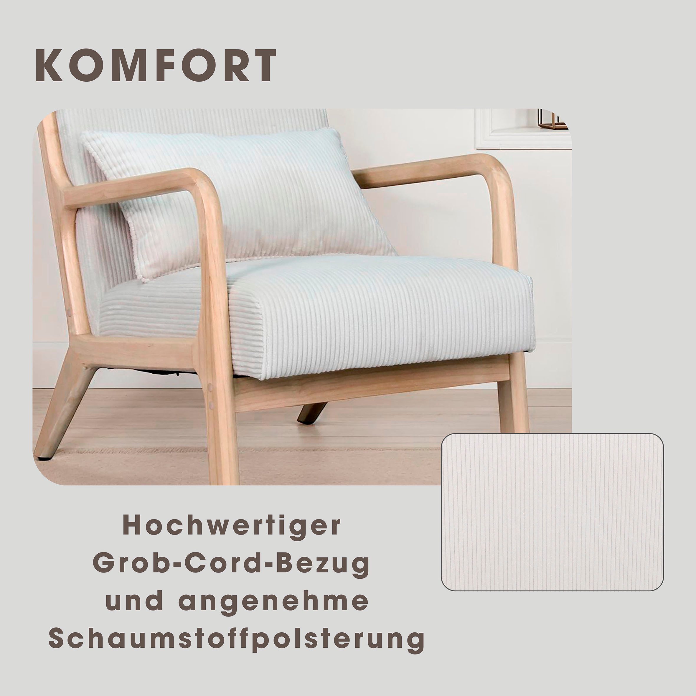 byLIVING Sessel NOHR, Grob-Cord, Gestell Massivholz Rubberwood, Separates Zierkissen