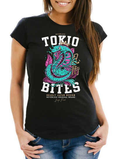 Neverless Print-Shirt Damen T-Shirt Japan Kobra Motiv japanische Schriftzeichen Schriftzug Tokio bites Fashion Streetstyle Slim Fit Neverless® mit Print