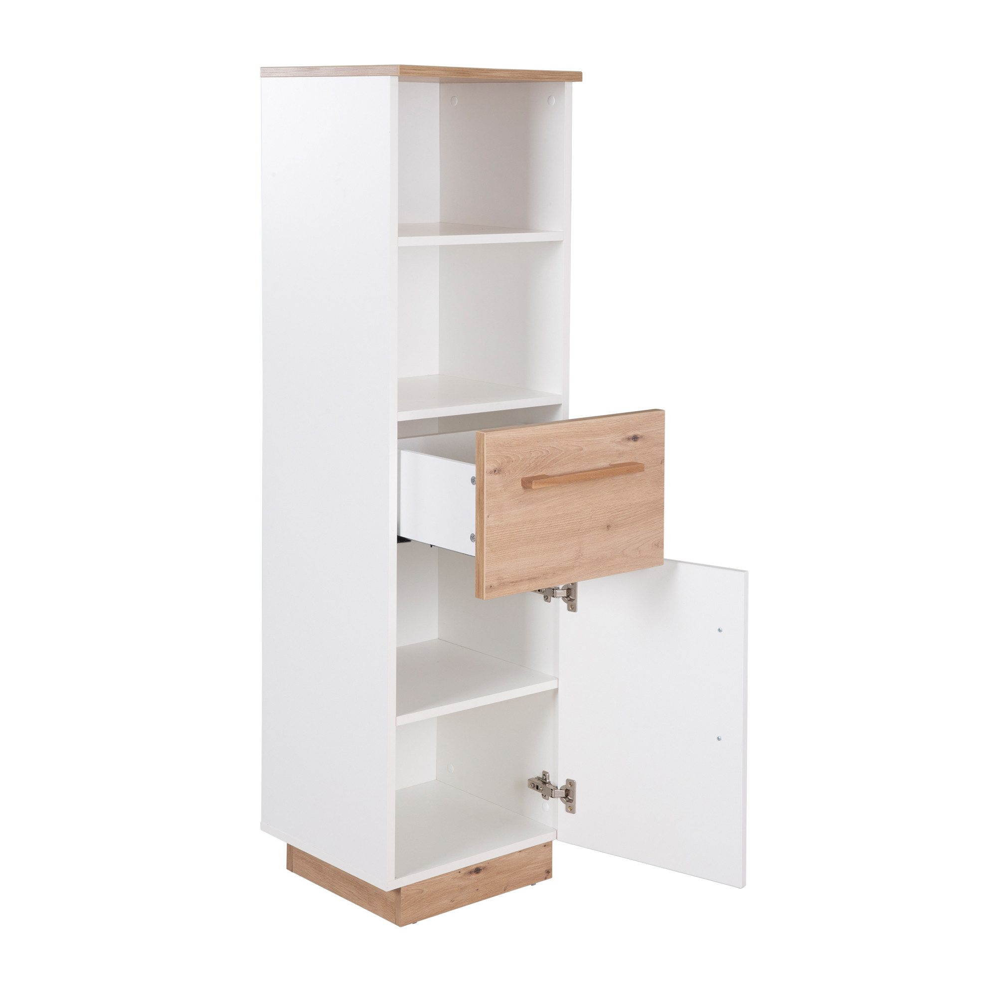 roba® Standregal Lion mit 2 offenen Fächern, 1 Schublade & 1 Tür, Kinderregal in Weiß mit Dekor in Artisan Eiche - Griffe aus Massivholz