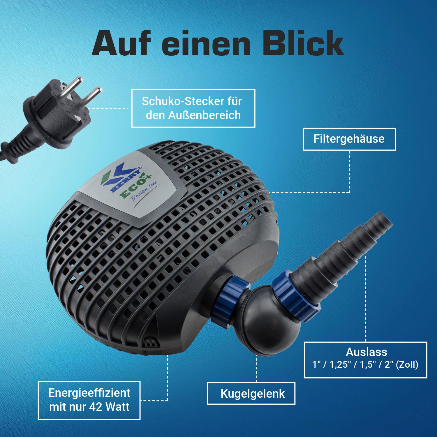 KERRY Teichpumpe ECO 8000 L/H, nur 42 Watt, Vorfilterkammer, 4,2m Förderhöhe – Bild 5 von 5