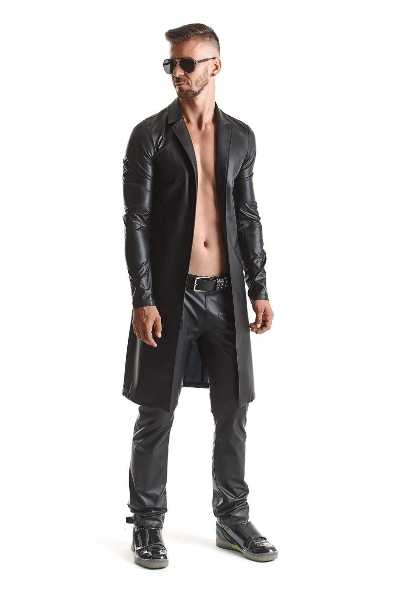 Regnes Fetish Planet Lederimitatmantel Herren Mantel schwarz aus Wetlook-Material Trenchcoat mit Taschen und