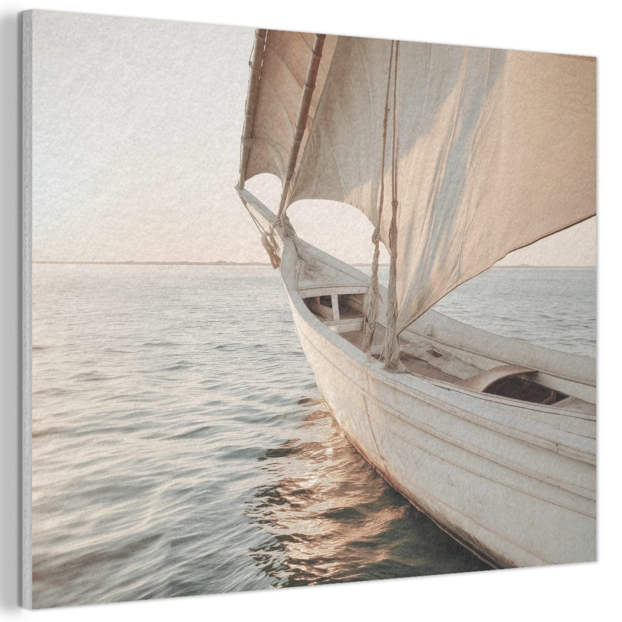 MuchoWow Gemälde Segelboot - Meer - Beige - Sonne, Fotodruck (1 St), Akustikpaneele PET-Filz, Akustikbild, Schalldämmung, Deko 40x30 cm