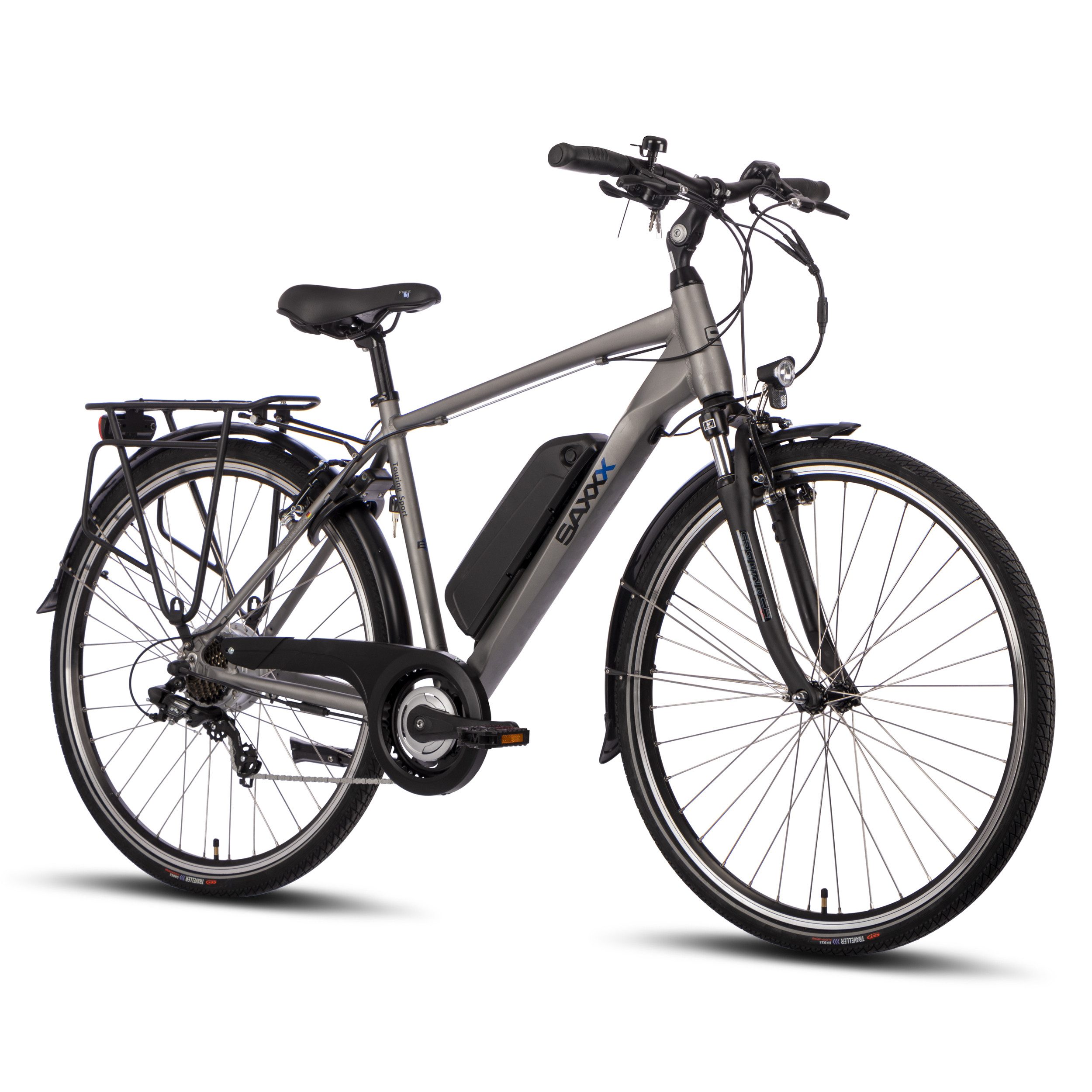 SAXXX E-Bike Trekkingrad Herren 28x1,75'', TS E-Trekkingbike, 36V/10.4Ah, max. 100km, V-Bremse, Shimano Shimano Tourney 7 Gang Kettenschaltung Schaltwerk, Hinterradmotor, 374 Wh, Akku entnehmbar, Federgabel, Schloss, Gepäckträger, max. 130 kg