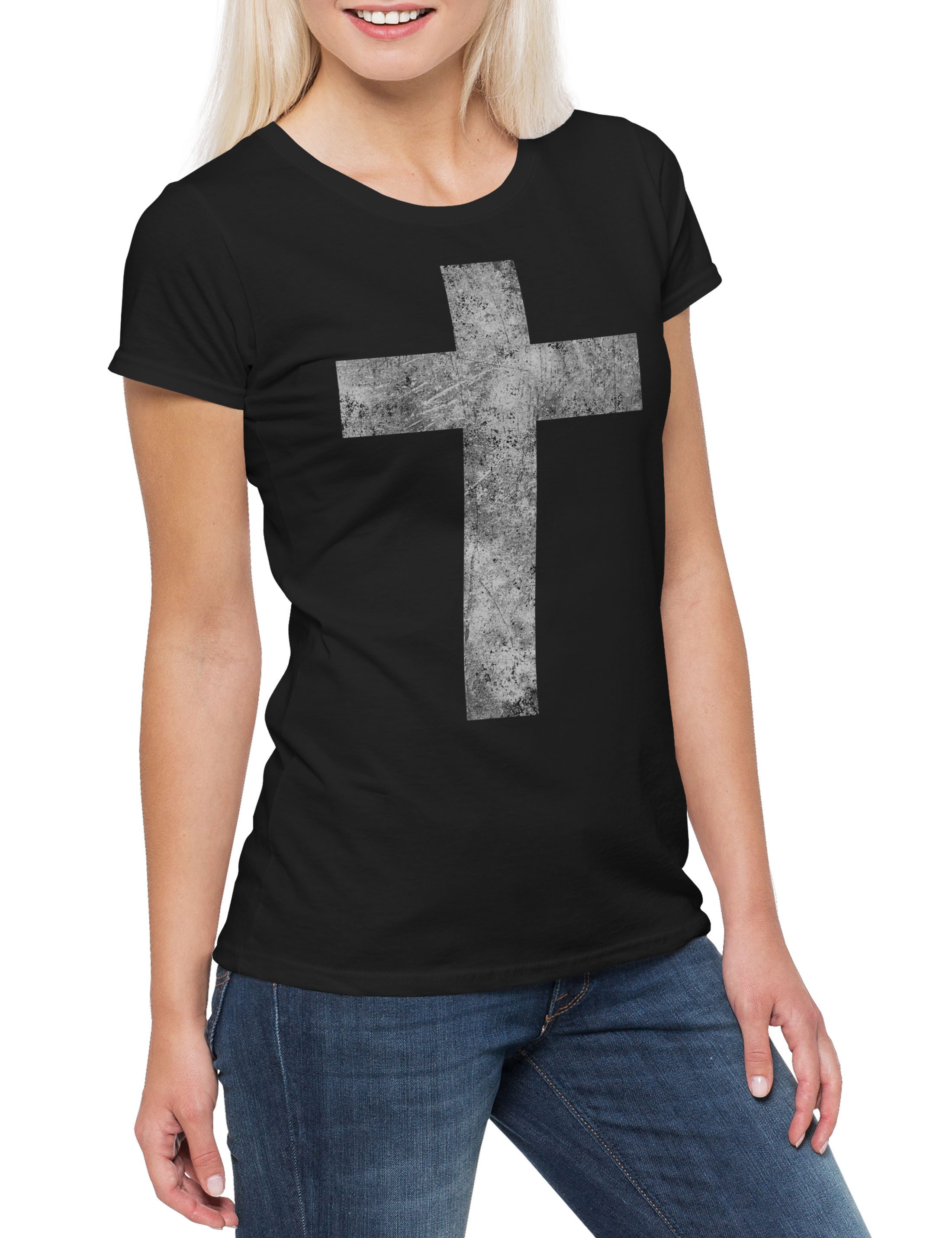 Print-Shirt Christian Cross II Damen T-Shirt Christliches Kreuz Jesus Messias INRI