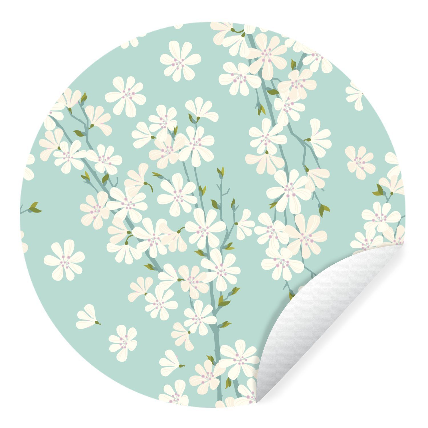 MuchoWow Wandsticker Blumen - Sakura - Muster (1 St), Tapetenkreis für Kinderzimmer, Tapetenaufkleber, Rund, Wohnzimmer