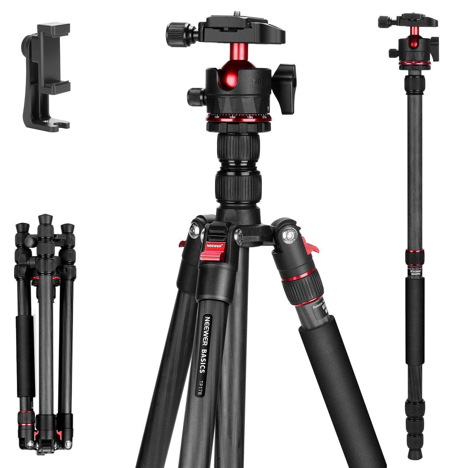 Neewer TP17B 163cm Carbonfaser Reisestativ Einbeinstativ kompaktes leichtes Dreibeinstativ (tragbares Handy Kamera Stativ kompatibel mit iPhone Videoaufnahmen)