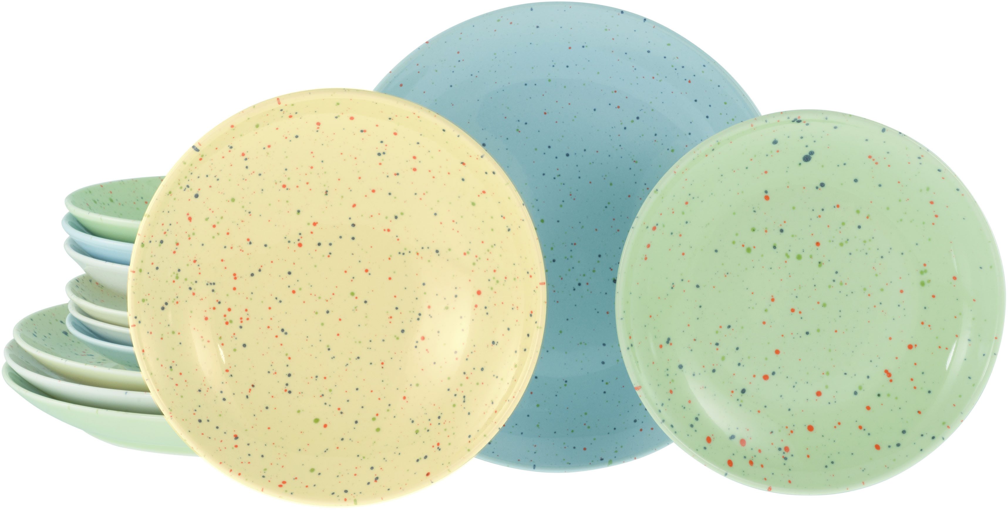 CreaTable Тарелки-Set Confetti, Тарелкиset 12-tlg. (12-tlg), 4 Personen, Steinzeug, Unregelmäßige bunte Punkte, Gute Laune Geschirr, Frisch, Freundlich