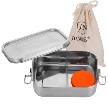 JN JuNiki´s Lunchbox Perfekt für die Schule: Auslaufsicher & Geschirrspüler-geeignet, 18/8er Edelstahl, (2er Set zum Vorteilspreis inkl. Schlüsselanhänger), Premium-Set aus 18/8 Edelstahl mit flexibler Abtrennung, separater Dipper Dose und JuNiki´s® Stoffbeutel